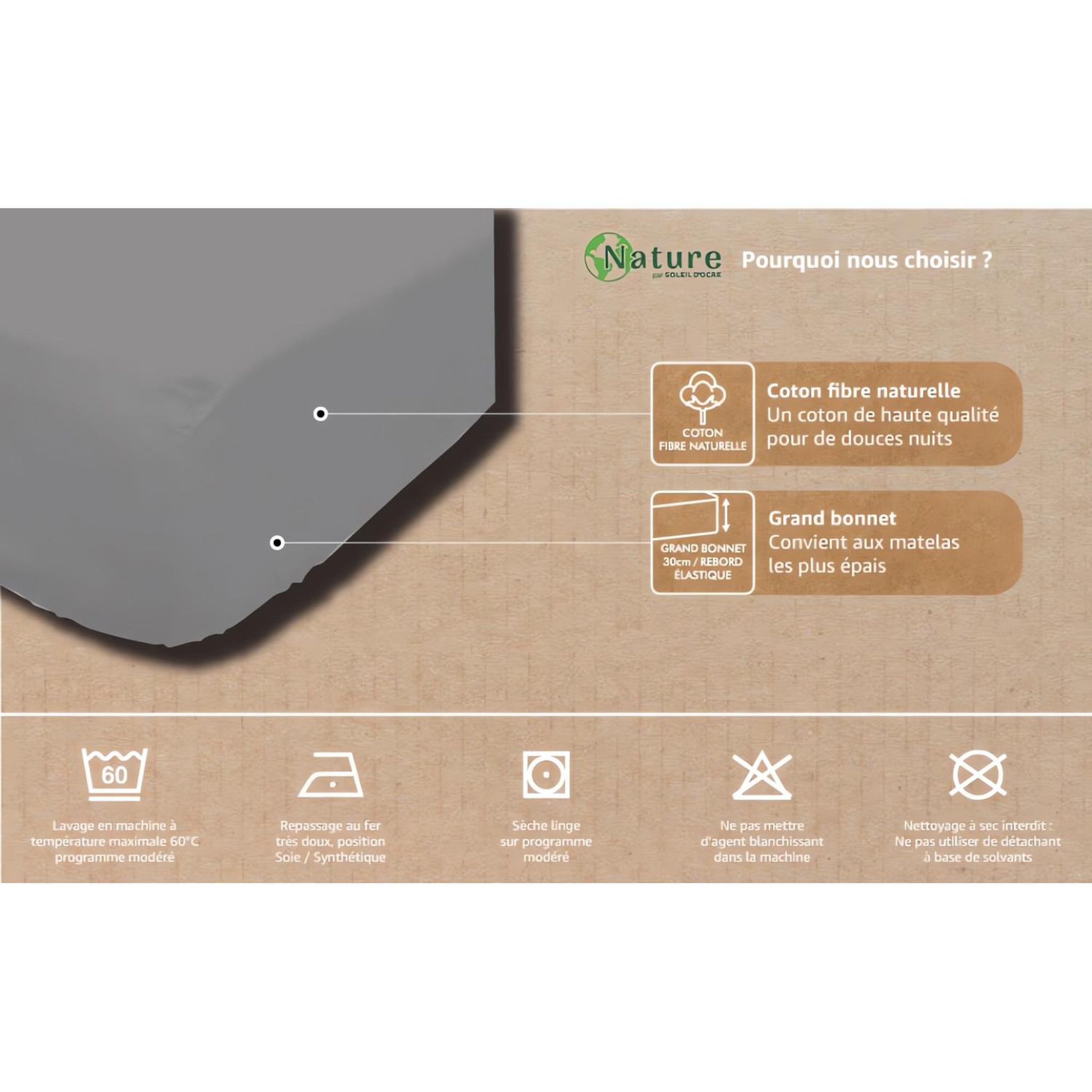 Voir la diapositive 3 : SOLEIL D'OCRE Drap housse en coton PERCALE, par Soleil d'ocre