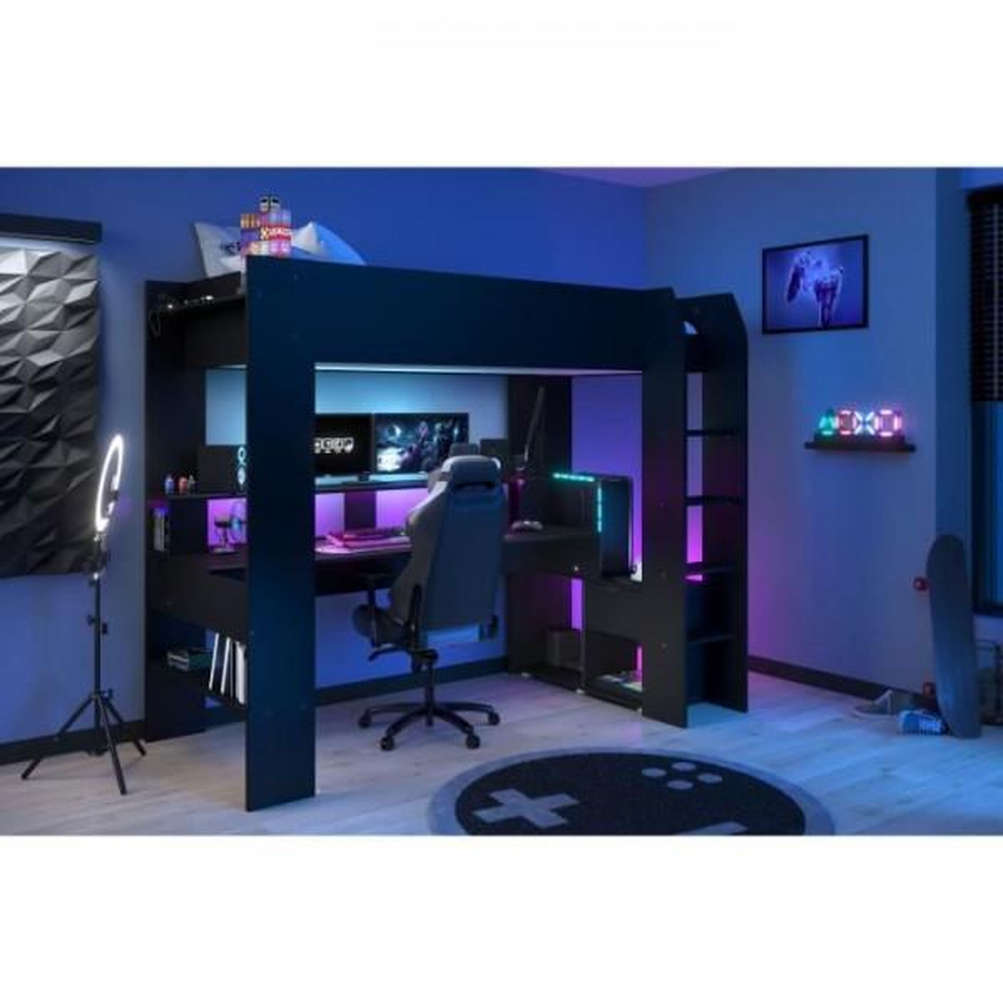 Voir la diapositive 2 : PARISOT Lit mezzanine combiné enfant LED Gamer ONLINE - 90 x 200 cm - Noir mat - Sommier inclus - PARISOT