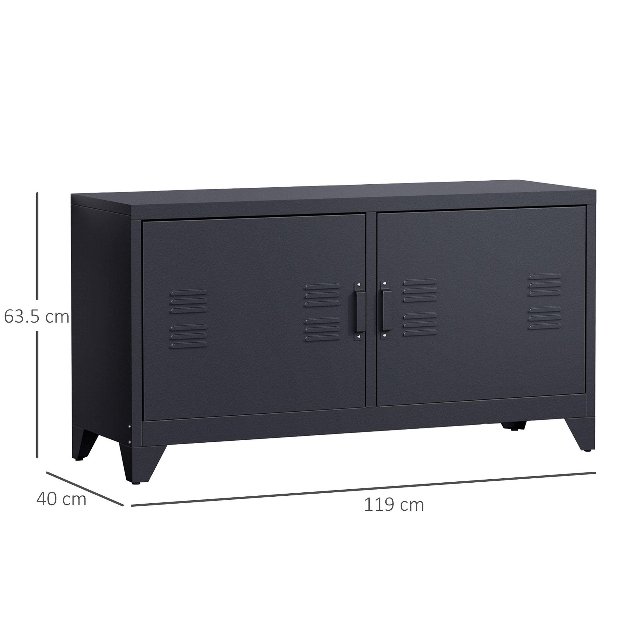 Voir la diapositive 3 : HOMCOM Meuble TV banc TV design industriel - 2 placards, 2 étagères, 4 passe-fils - tôle métal noir