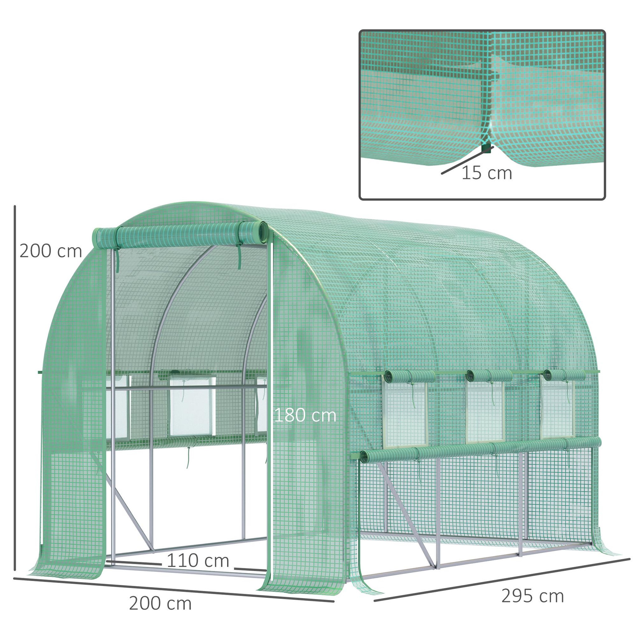 Voir la diapositive 3 : OUTSUNNY Serre de jardin tunnel 6 m² 6 fenêtres porte zippée acier galvanisé pe vert