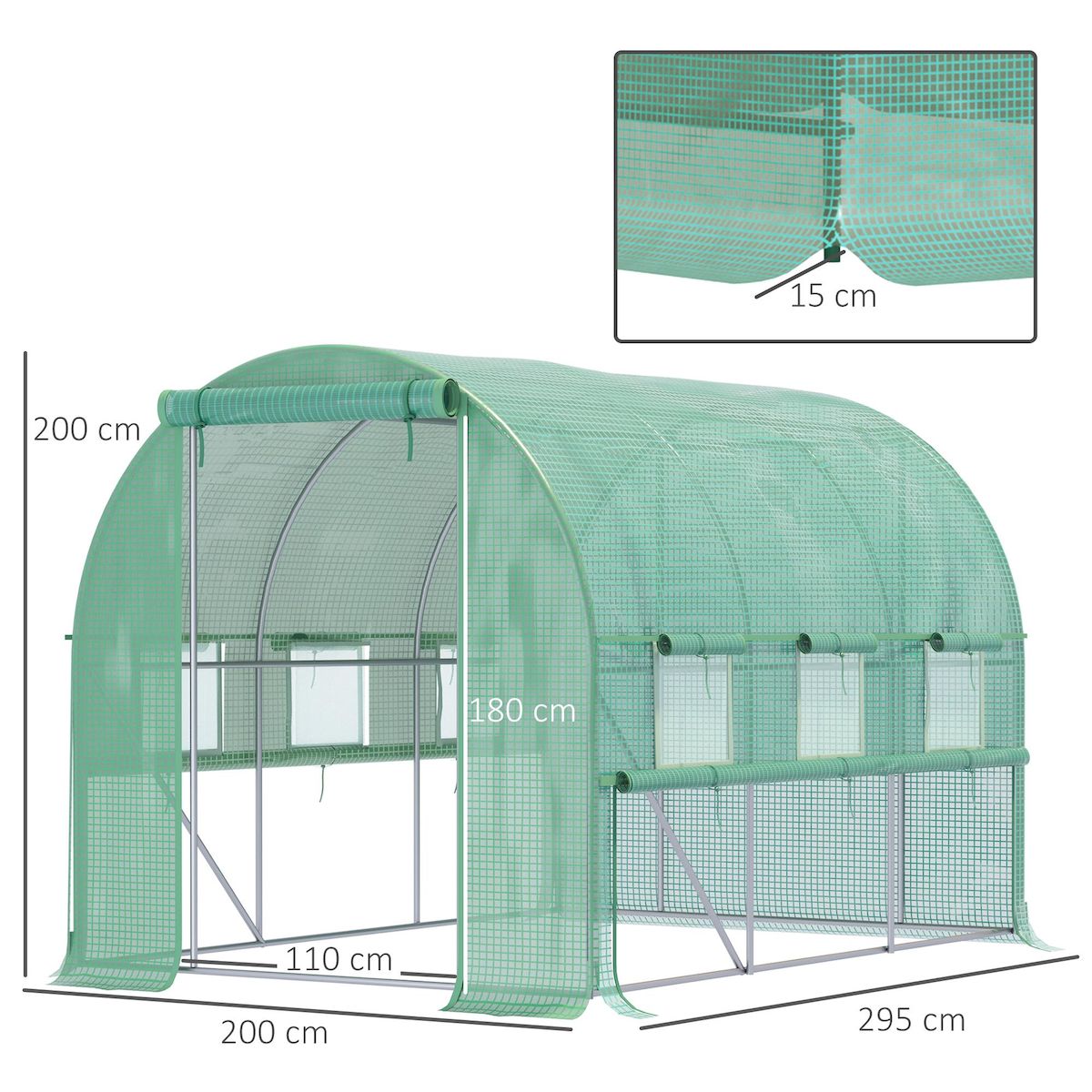 OUTSUNNY Serre de jardin tunnel 6 m² 6 fenêtres porte zippée acier galvanisé PE vert
