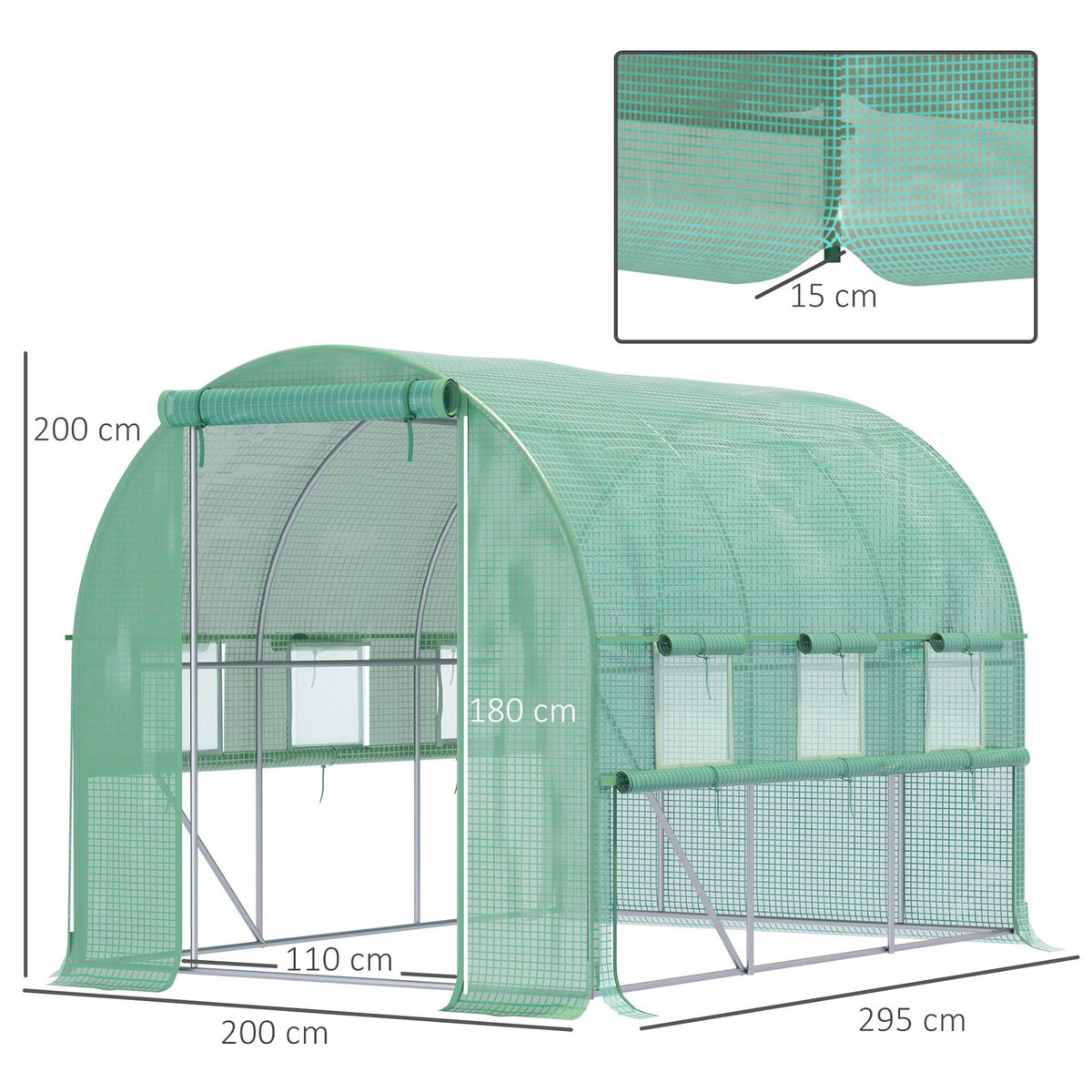 OUTSUNNY Serre de jardin tunnel 6 m² 6 fenêtres porte zippée acier galvanisé PE vert