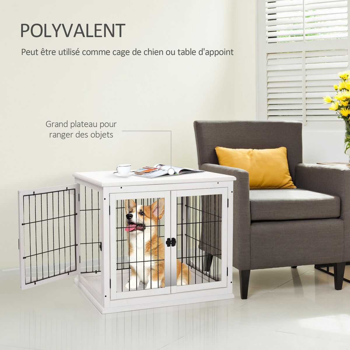 PAWHUT Cage pour chien animaux cage en bois MDF classe E1 3 portes verrouillables max. 30 Kg dim. 81L x 58l x 66H cm blanc noir