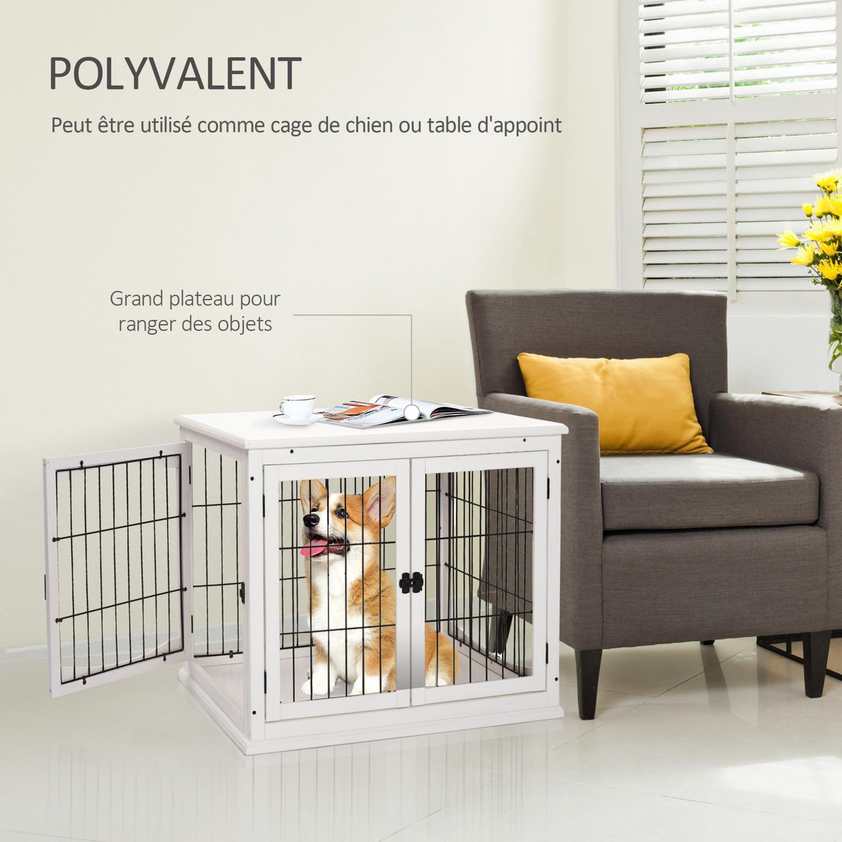 PAWHUT Cage pour chien animaux cage en bois MDF classe E1 3 portes verrouillables max. 30 Kg dim. 81L x 58l x 66H cm blanc noir