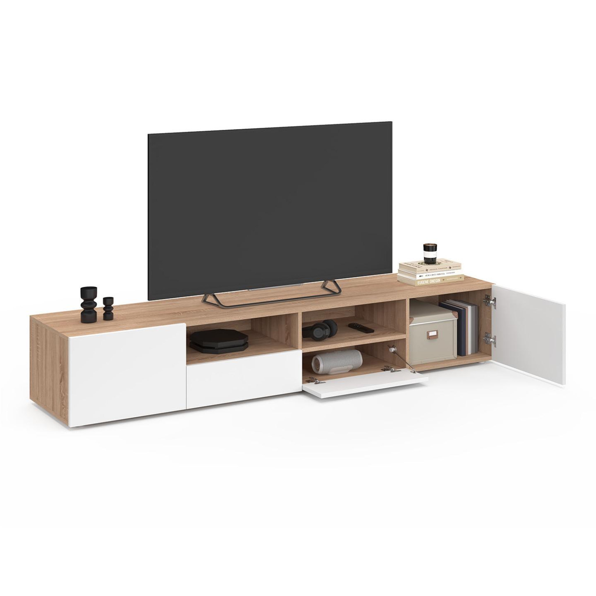 Voir la diapositive 4 : ID MARKET Meuble tv 180 cm eli bois façon hêtre portes blanches