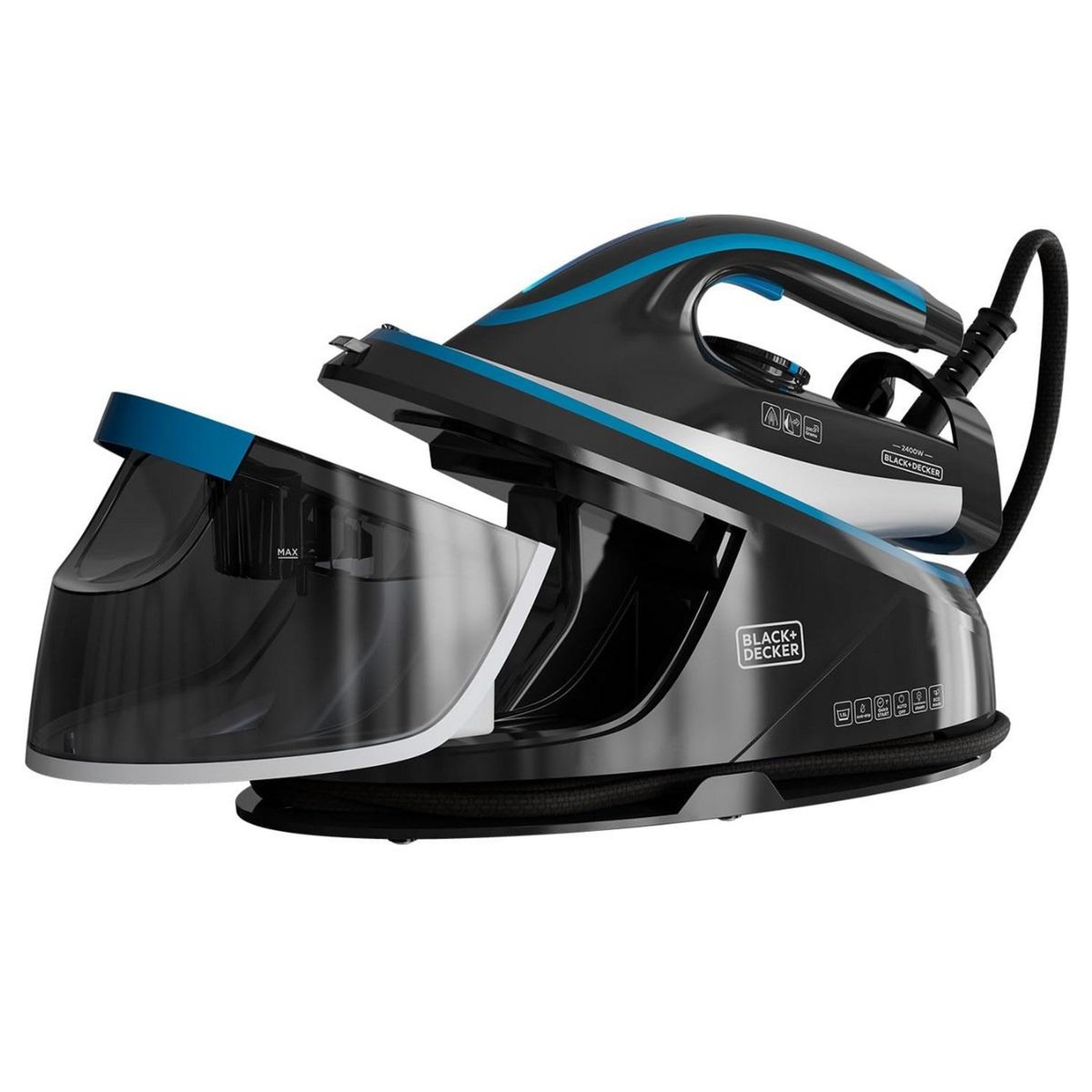 Voir la diapositive 6 : Black et Decker Centrale vapeur 3bars 120gr/min autonomie illimitée noir/bleu - BXSS2401E