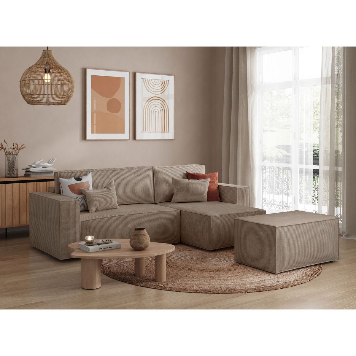 Canapé d'angle convertible réversible 3 places + 1  pouf velours côtelé  DAPHNE
