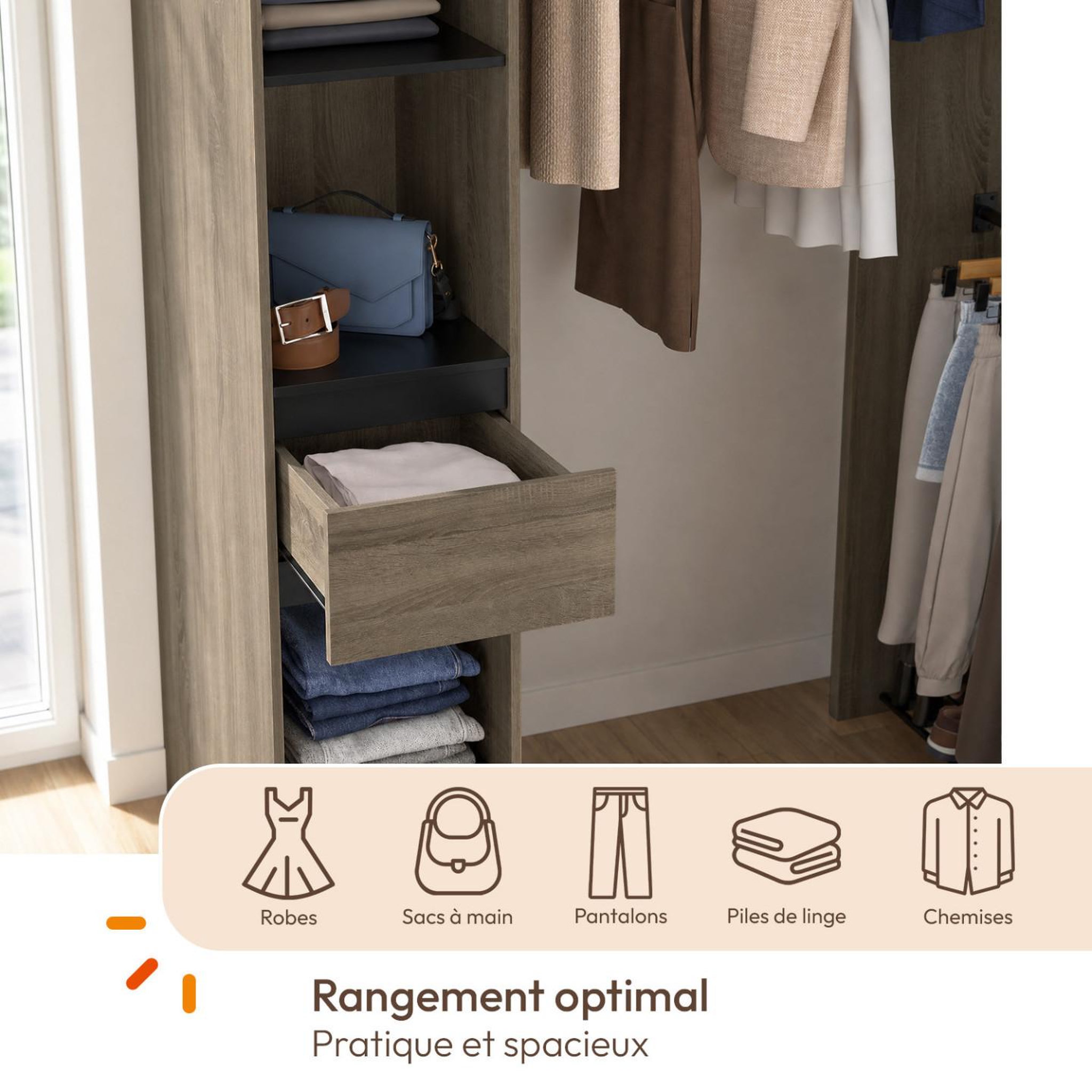 Voir la diapositive 6 : ID MARKET Dressing d'angle modulable l. 145 / 203 cm melman triple penderie + portes + tiroir + étagères bois et noir
