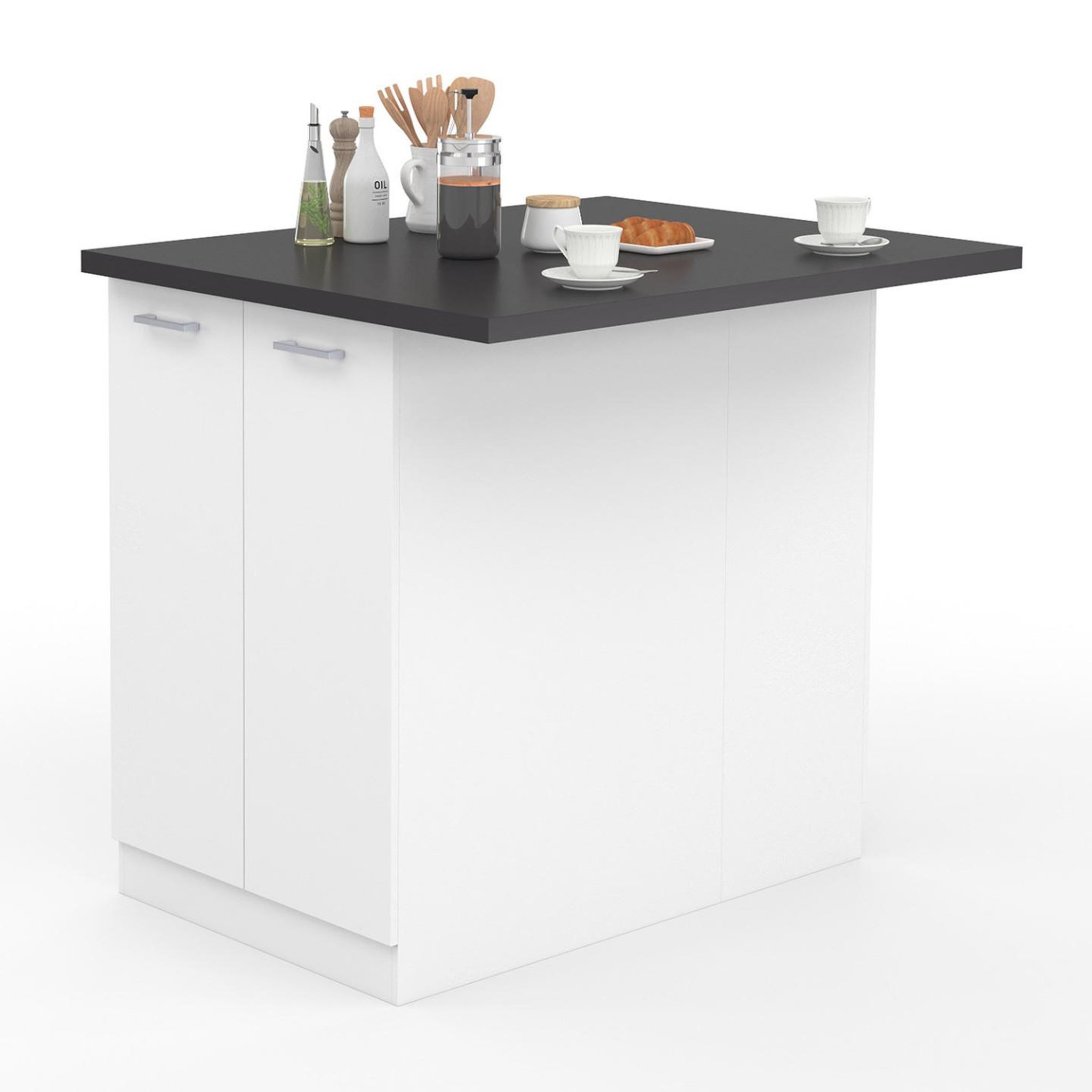 ID MARKET Ilot central ivo 100 cm blanc avec plan de travail gris anthracite