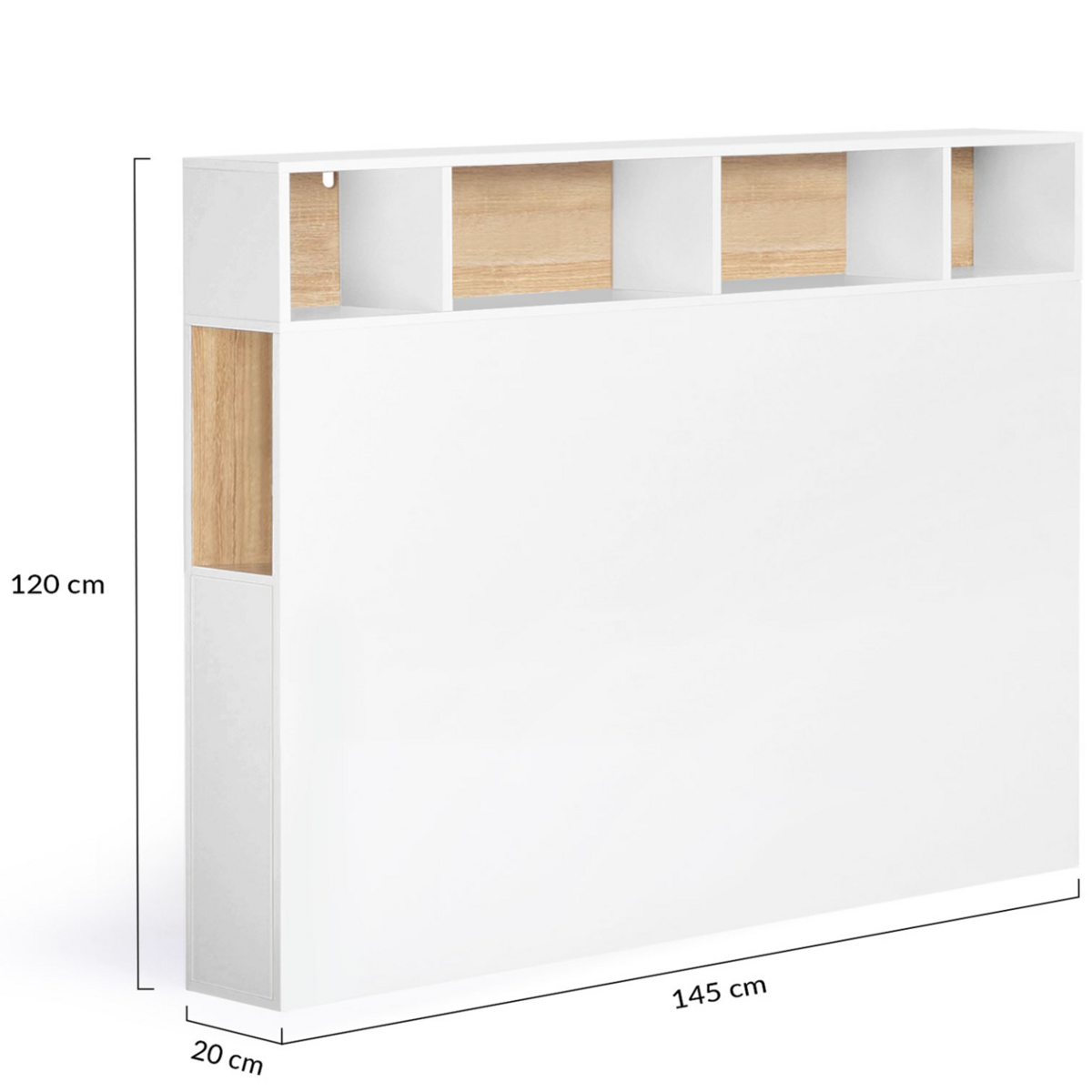 ID MARKET Tête de lit sur pied CLEO 145 cm avec rangements fermés et niches blanc et façon hêtre