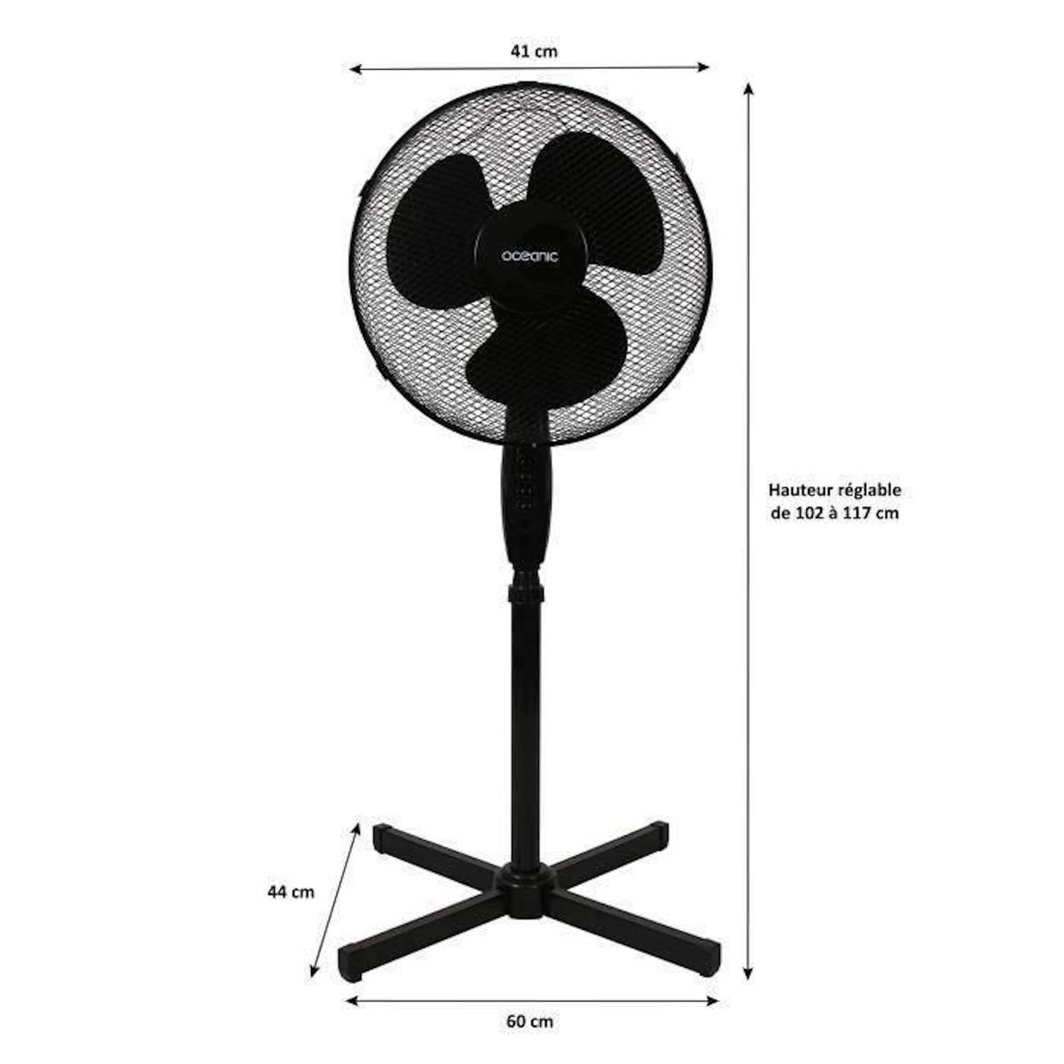 OCEANIC Ventilateur de pied - OCEANIC - 45 W - Ø 41 cm - 3 vitesses - Oscillant - Inclinable - Noir