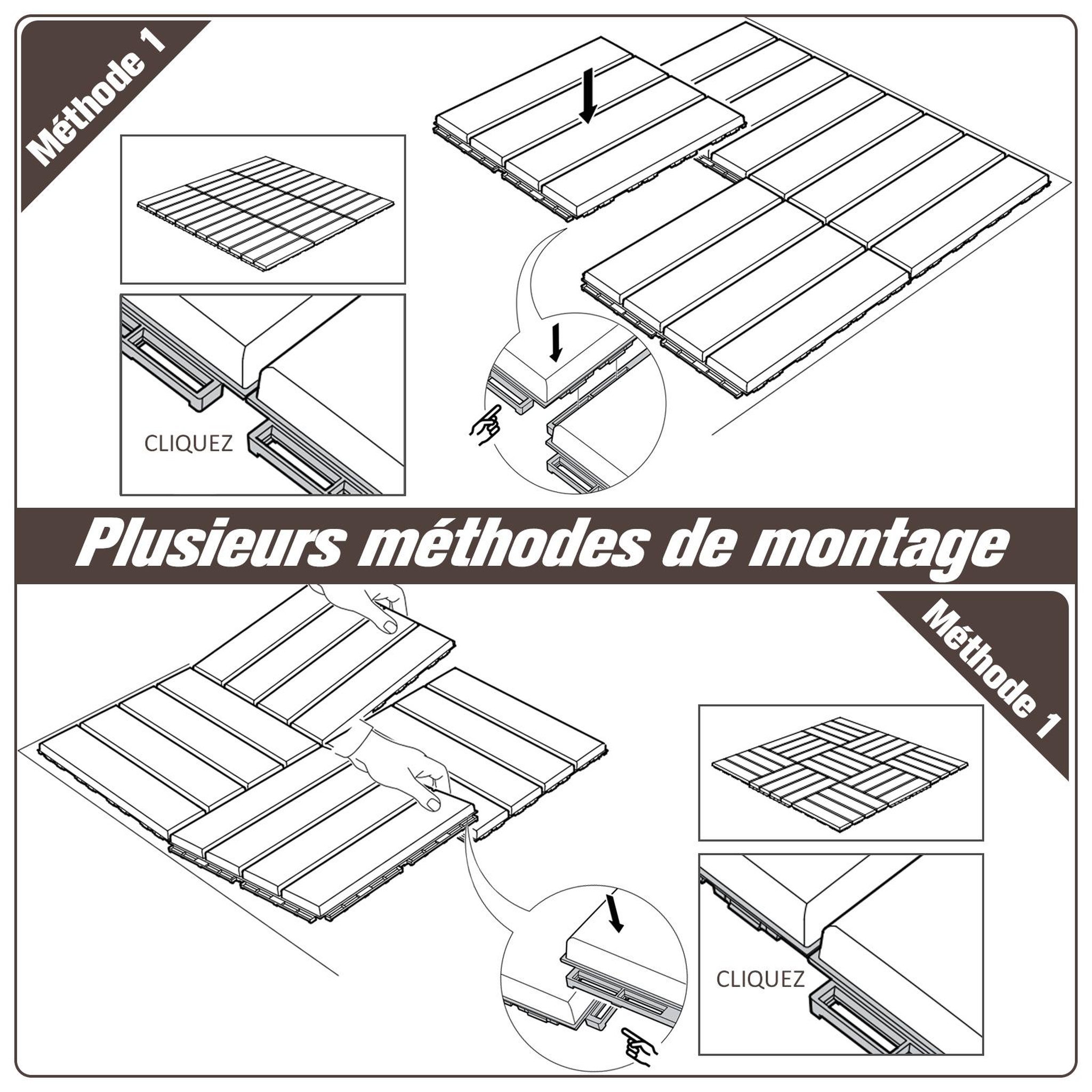 Voir la diapositive 6 : OUTSUNNY Caillebotis - dalles terrasse - lot de  9 - emboîtables, installation très simple - petits carreaux composite plastique imitation bois chocolat