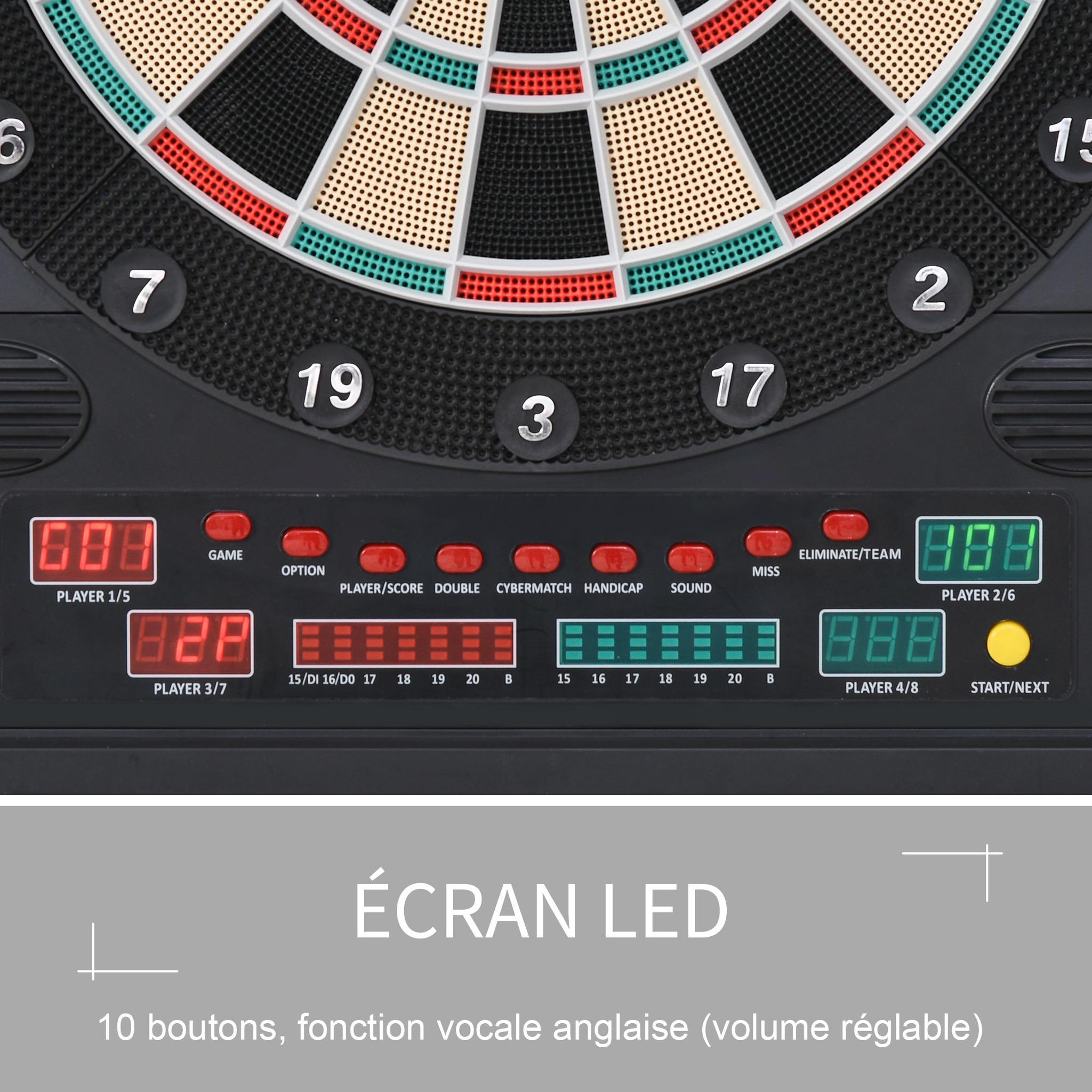 Voir la diapositive 5 : HOMCOM Cible jeu de fléchettes électronique refermable 27 jeux 202 variations jusqu'à 8 joueurs affichage LED haut-parleur noir