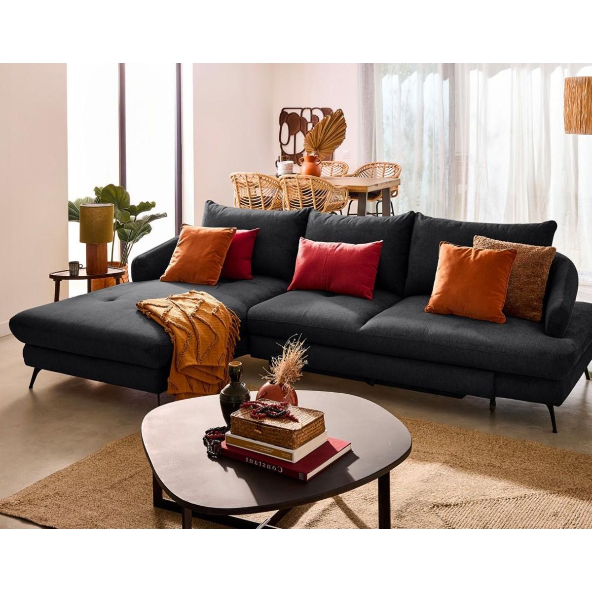 LISA DESIGN Ninon - canapé d'angle gauche 4 places convertible avec coffre en tissu texturé