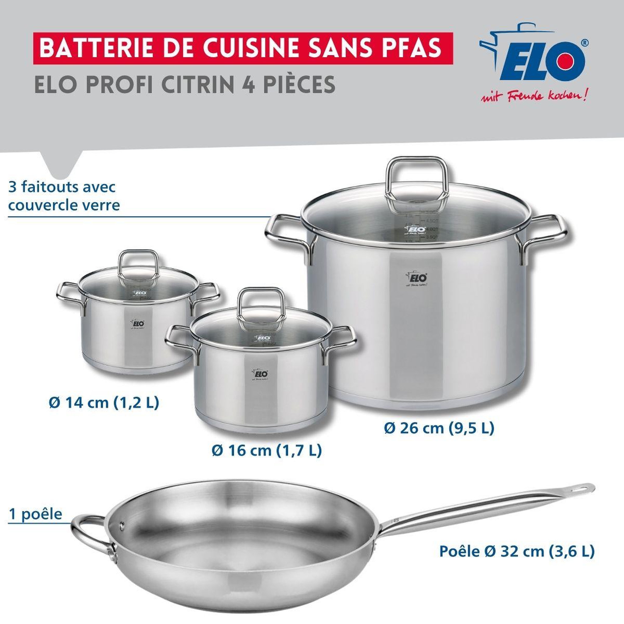 Voir la diapositive 2 : ELO Set de 1 poêle de cuisson 32 cm et 3 faitouts 14, 16 et 26 cm elo profi citrin