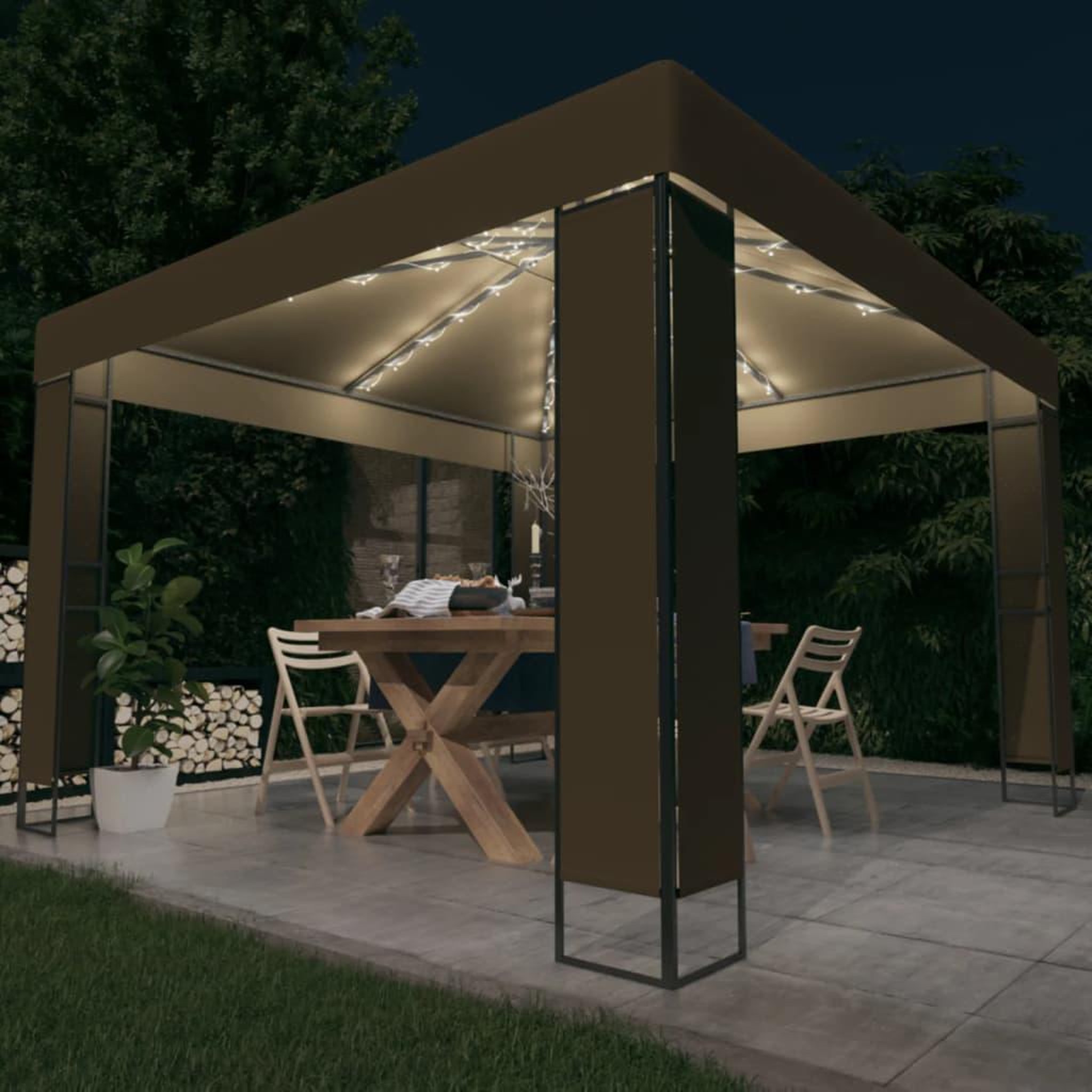 Voir la diapositive 1 : VIDAXL Tonnelle avec double toit et lumieres LED 3x3x2,7 m Taupe