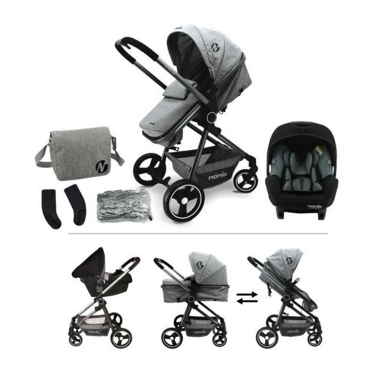NANIA Poussette combinée 3 en 1 NANIA GIULIA + Siege auto BEONE EVO R129 40-85 cm - Nacelle de 0 a 6 mois