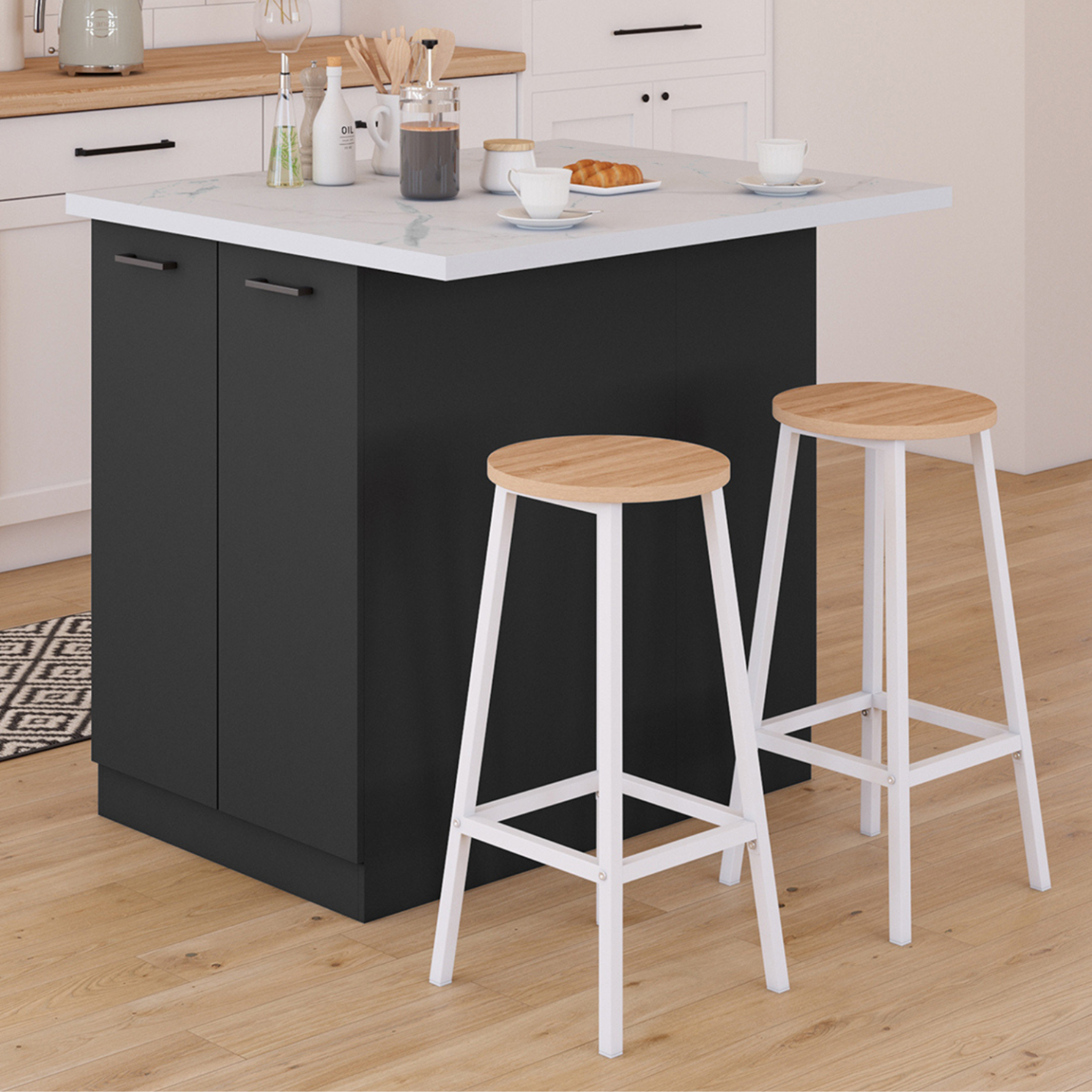 Voir la diapositive 2 : ID MARKET Ilot central ivo 100 cm bois noir avec plan de travail effet marbre alaska