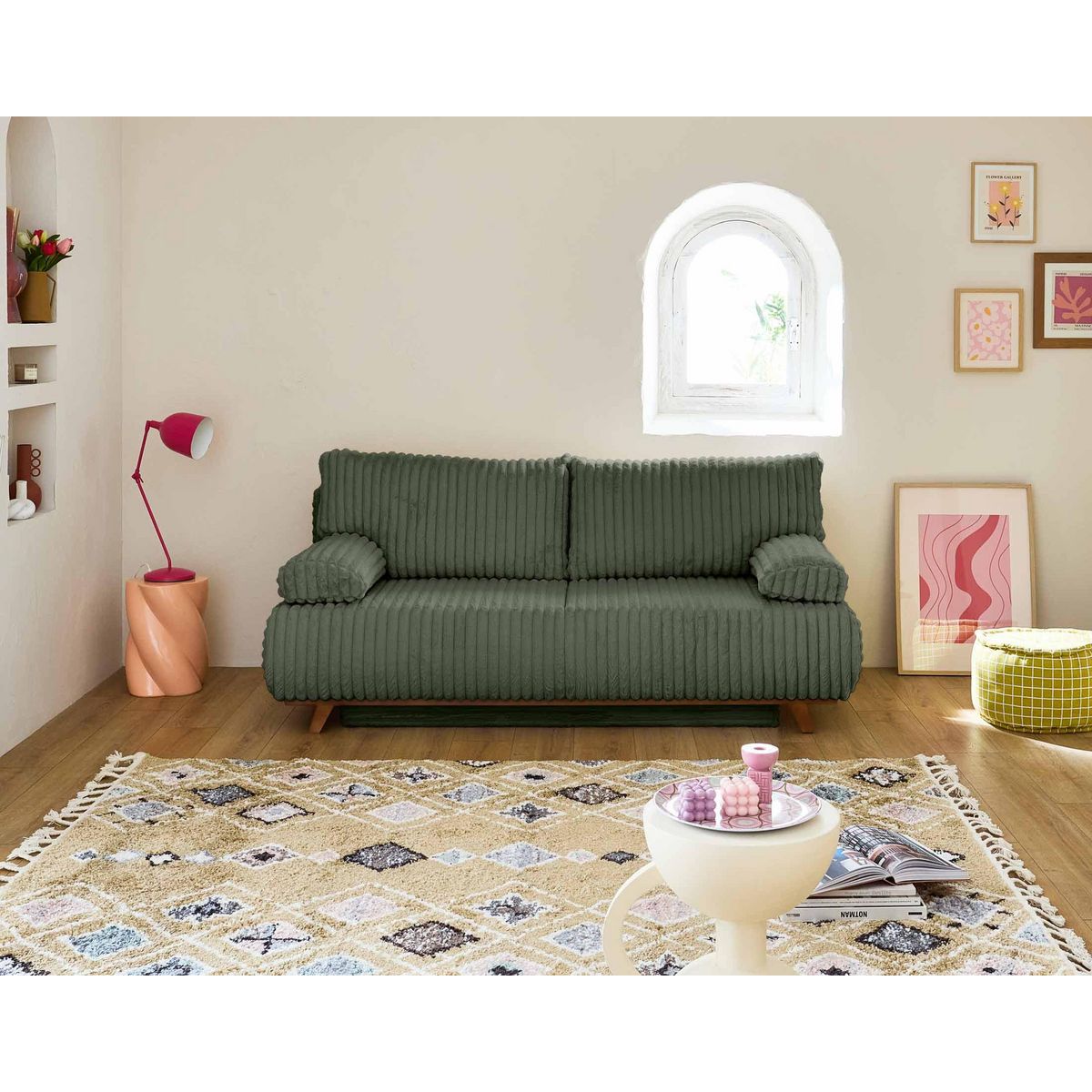 BEST MOBILIER Cristal - canapé 3 places - convertible avec coffre et grand pouf - en fausse fourrure côtelée