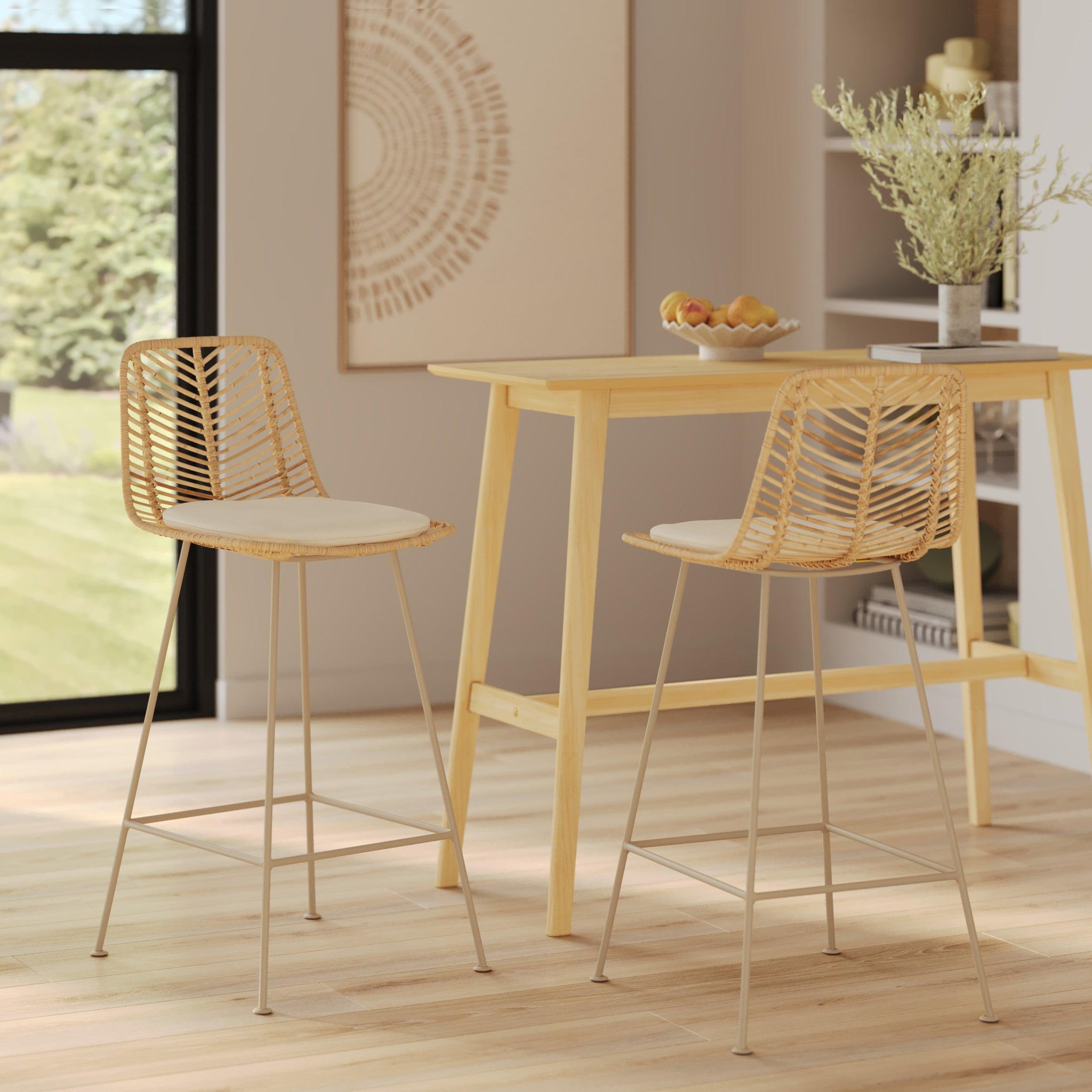 Voir la diapositive 2 : MAISON PAVANE Lot de 2 chaises pour îlot central 66 cm en rotin naturel-tamara