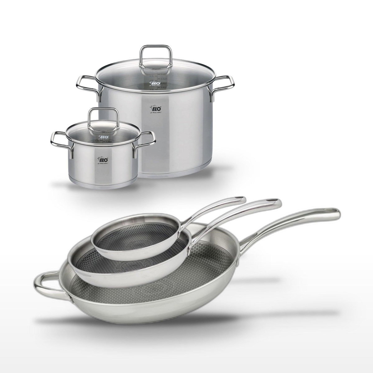 ELO Lot de 3 Poêles Elo Relief Evolution 24/28/32 cm et 2 Faitouts 20/26 cm