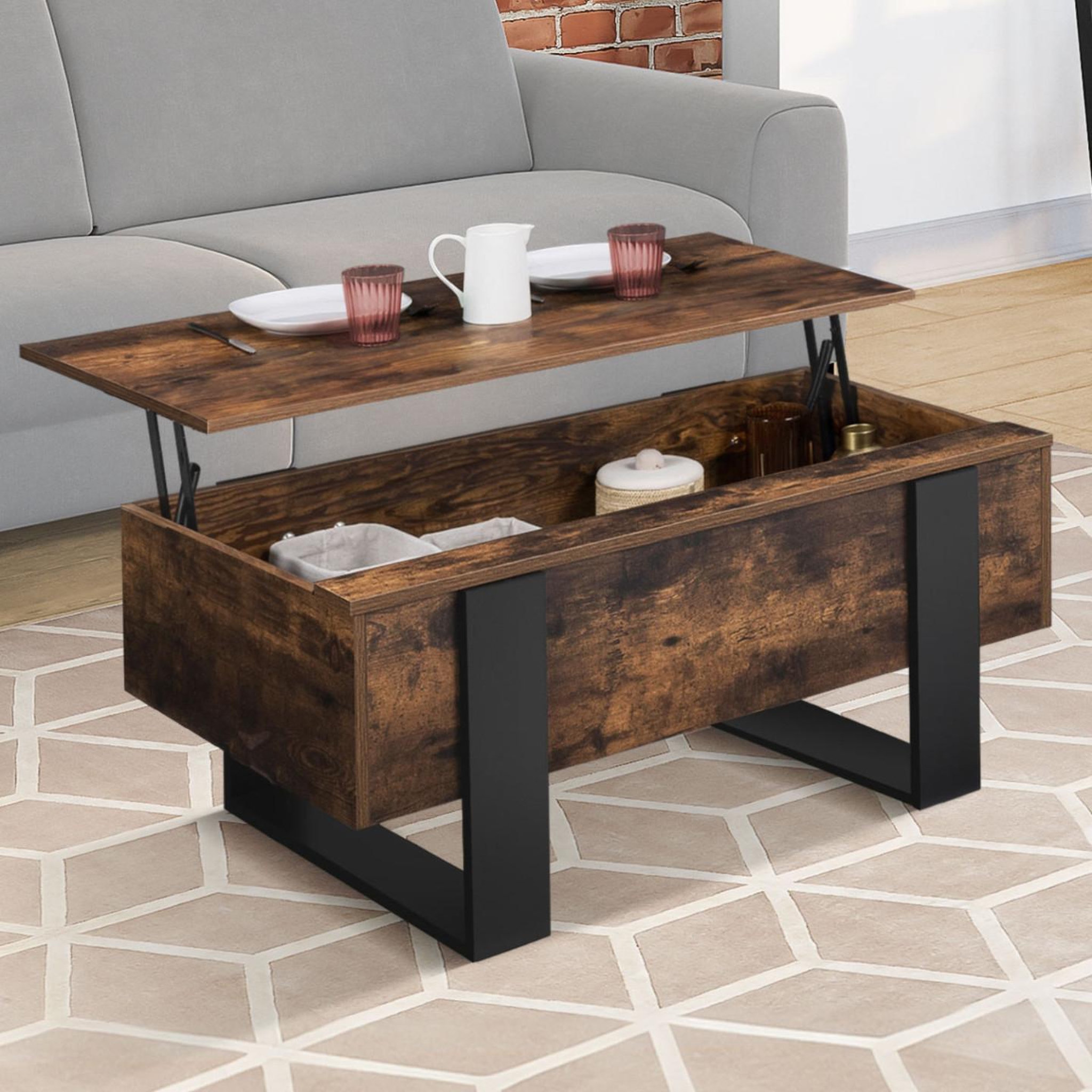 Voir la diapositive 2 : ID MARKET Table basse plateau relevable rectangulaire phoenix bois effet vieilli et noir