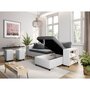 Voir la diapositive 4 : Canapé d'angle convertible avec coffre 3 places + 2 poufs à gauche et étagère à droite  MACHA