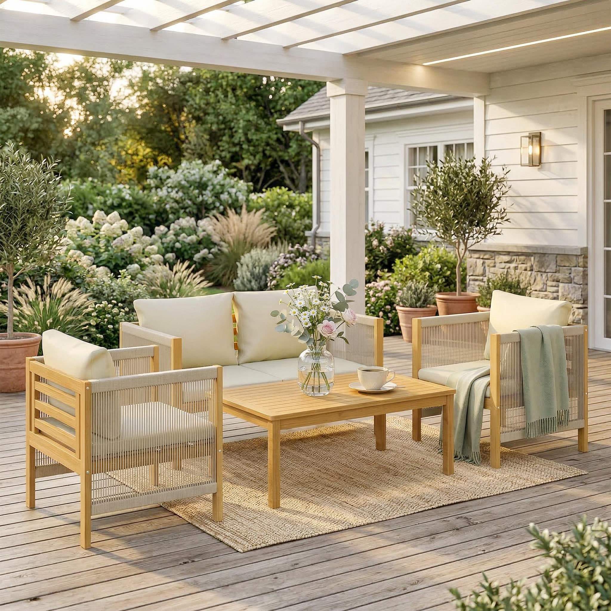 Voir la diapositive 6 : OUTSUNNY Salon de jardin bois d'acacia pré-huilé résine filaire 4 places 4 pièces