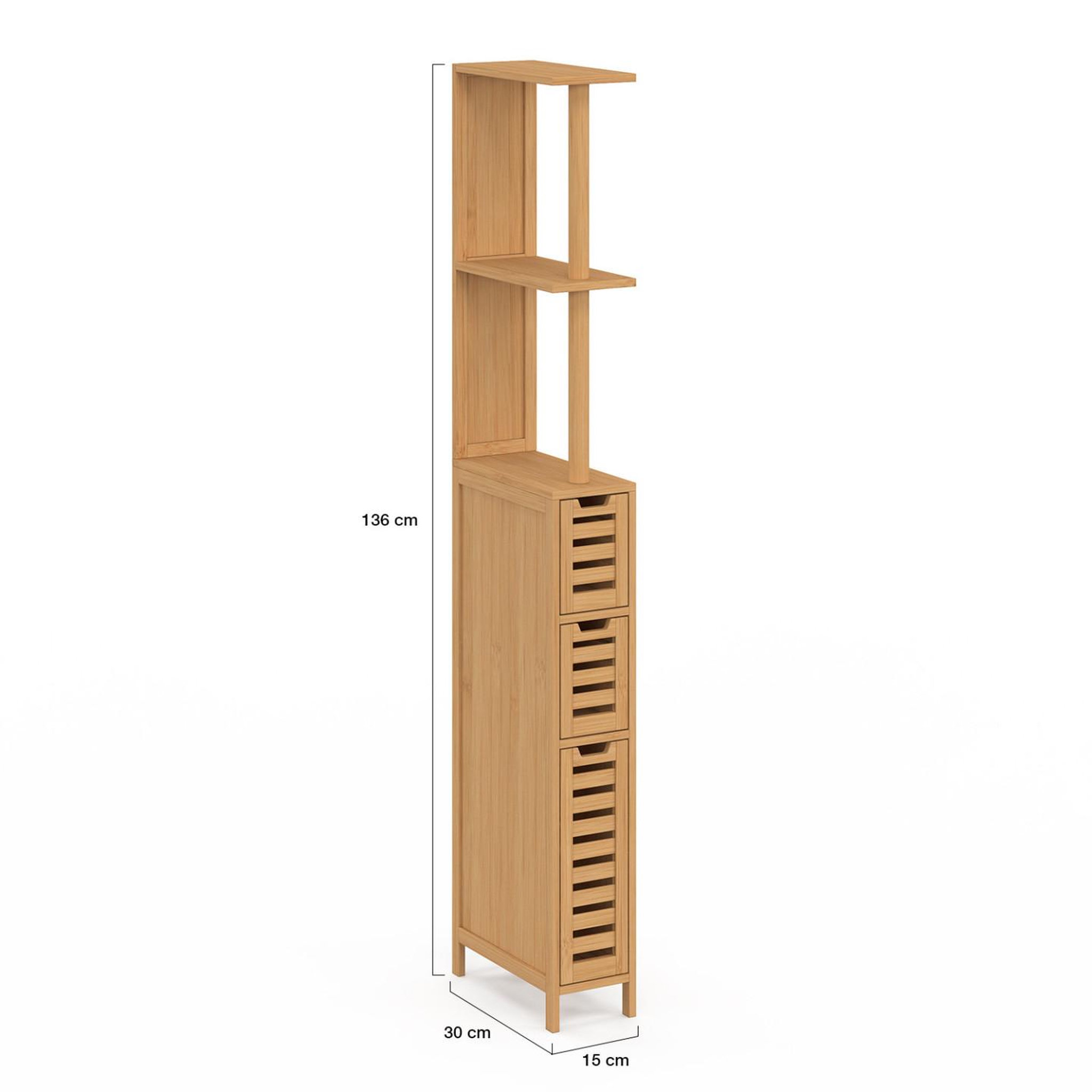 Voir la diapositive 5 : ID MARKET Meuble wc 1 porte 2 tiroirs bambou bea avec étagères