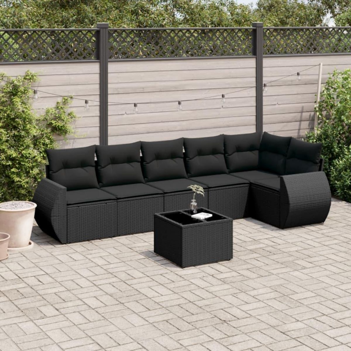 VIDAXL Salon de jardin 7 pcs avec coussins noir resine tressee
