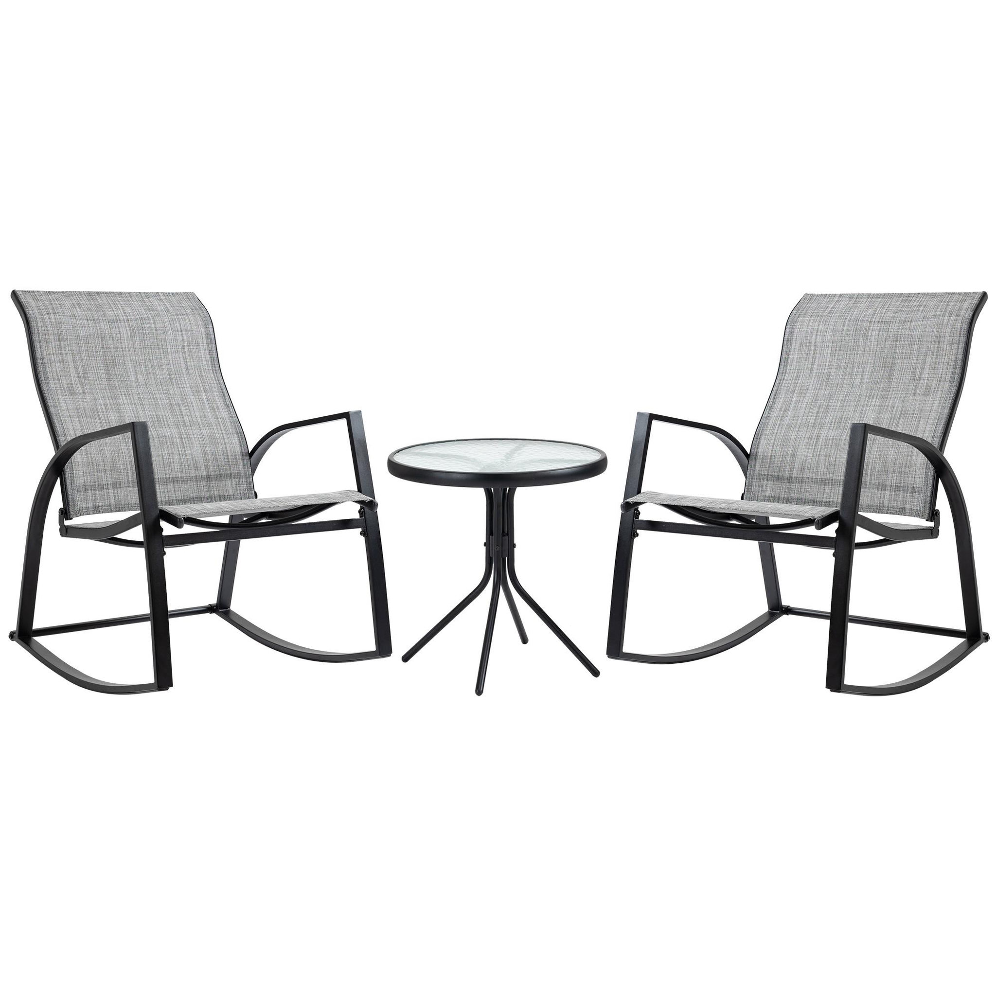 Voir la diapositive 1 : OUTSUNNY Ensemble de jardin 3 pièces 2 fauteuils à bascule table basse plateau verre trempé acier époxy textilène gris