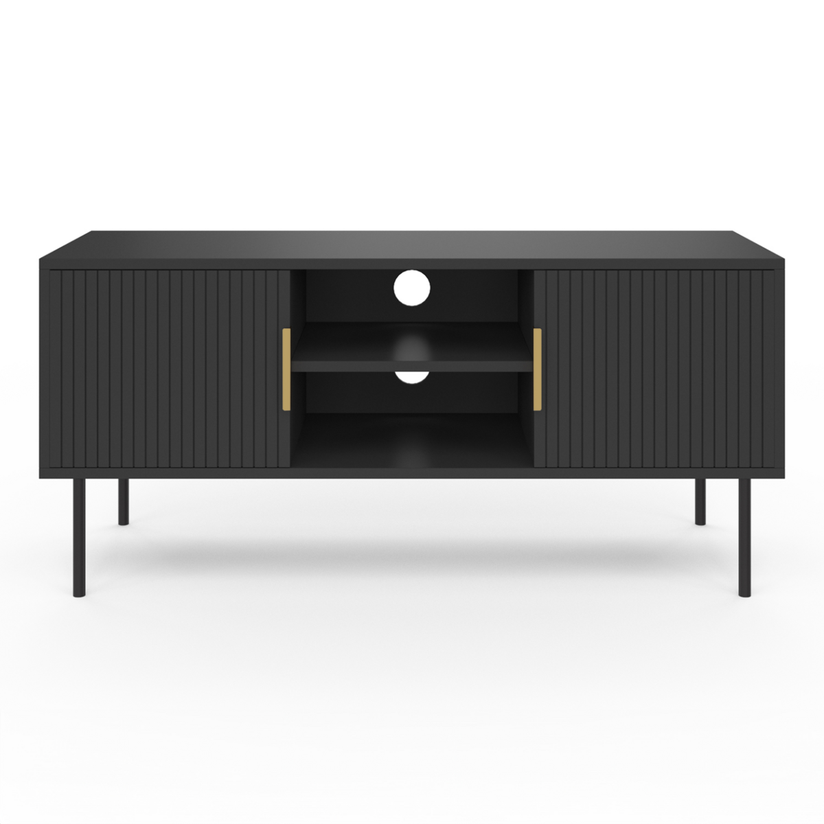 ID MARKET Meuble TV 110 cm MARCEL 2 portes lattes tasseau bois noir