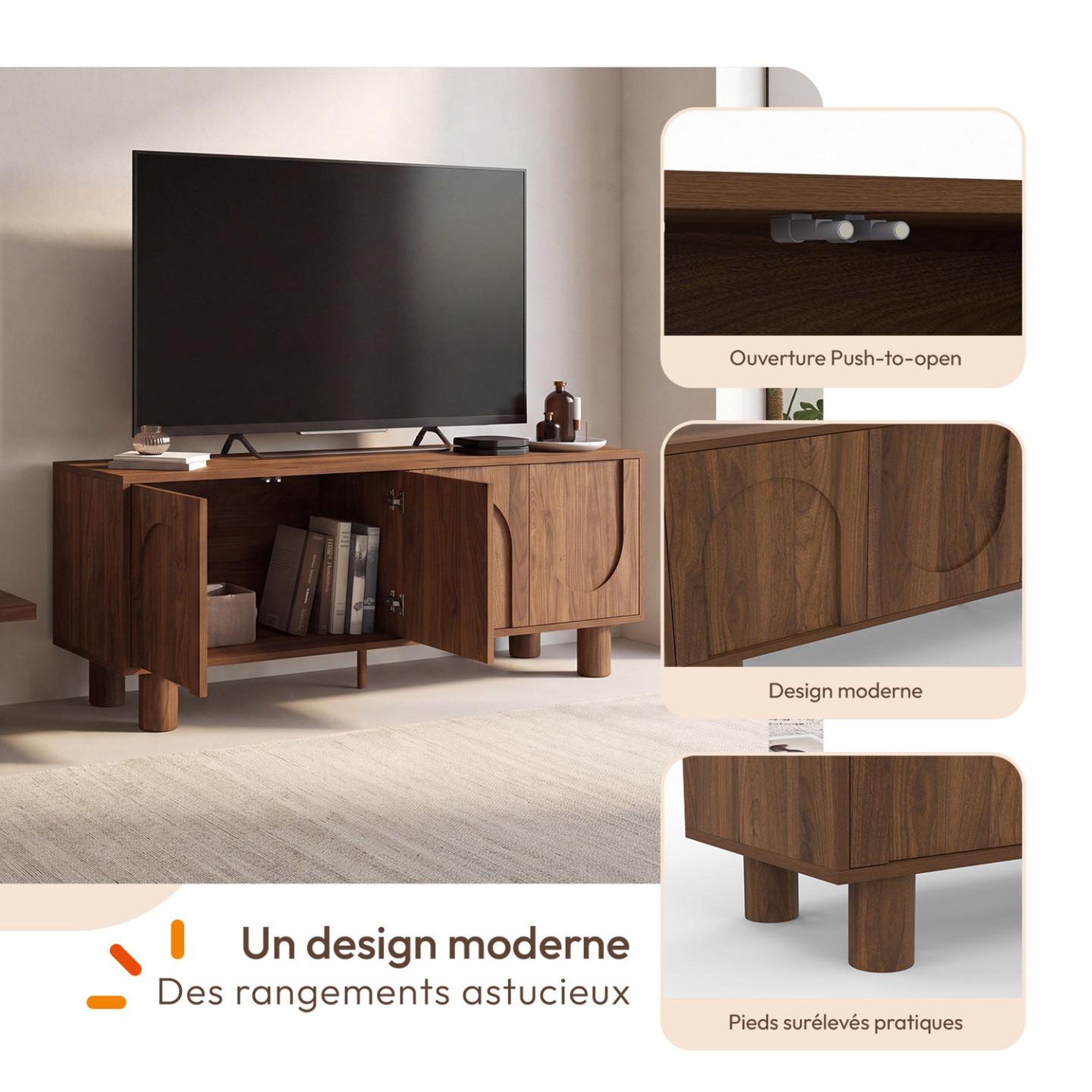 Voir la diapositive 3 : ID MARKET Meuble TV 140 cm ARCHIE 4 portes effet noyer