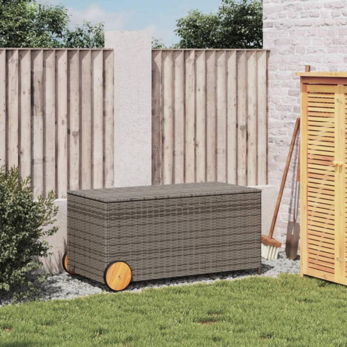 VIDAXL Boîte de rangement de jardin et roues gris 190L résine tressée