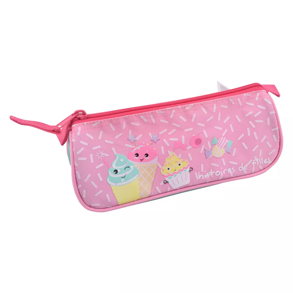 AUCHAN Trousse scolaire triangulaire polyester rose et vert CUPCAKE