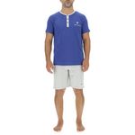 PIERRE CARDIN Ensemble Pyjama court homme en coton uni col boutonné & Logo poitrine. Coloris disponibles : Bleu