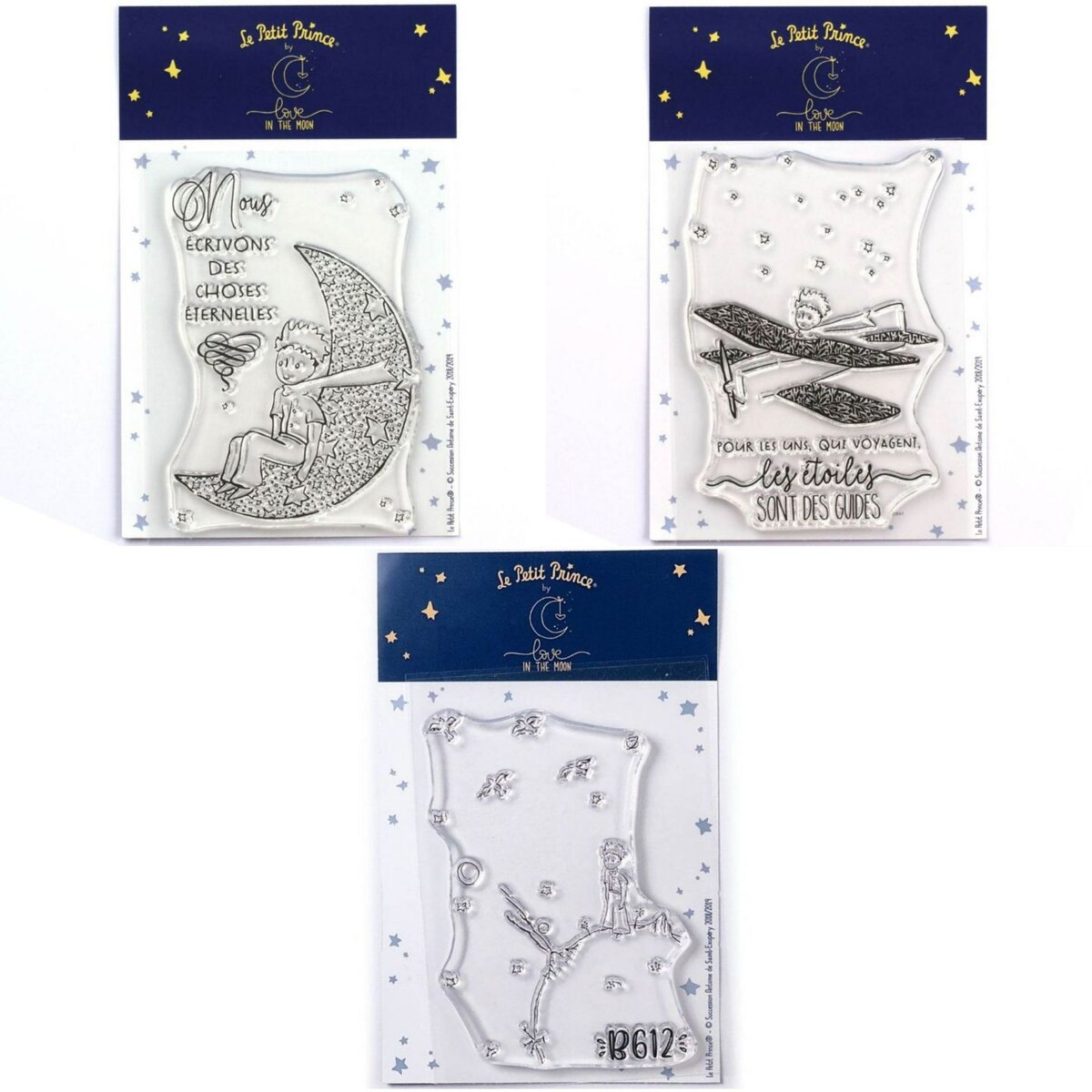  3 Tampons transparents Le Petit Prince et la Lune + son Avion + Asteroïd