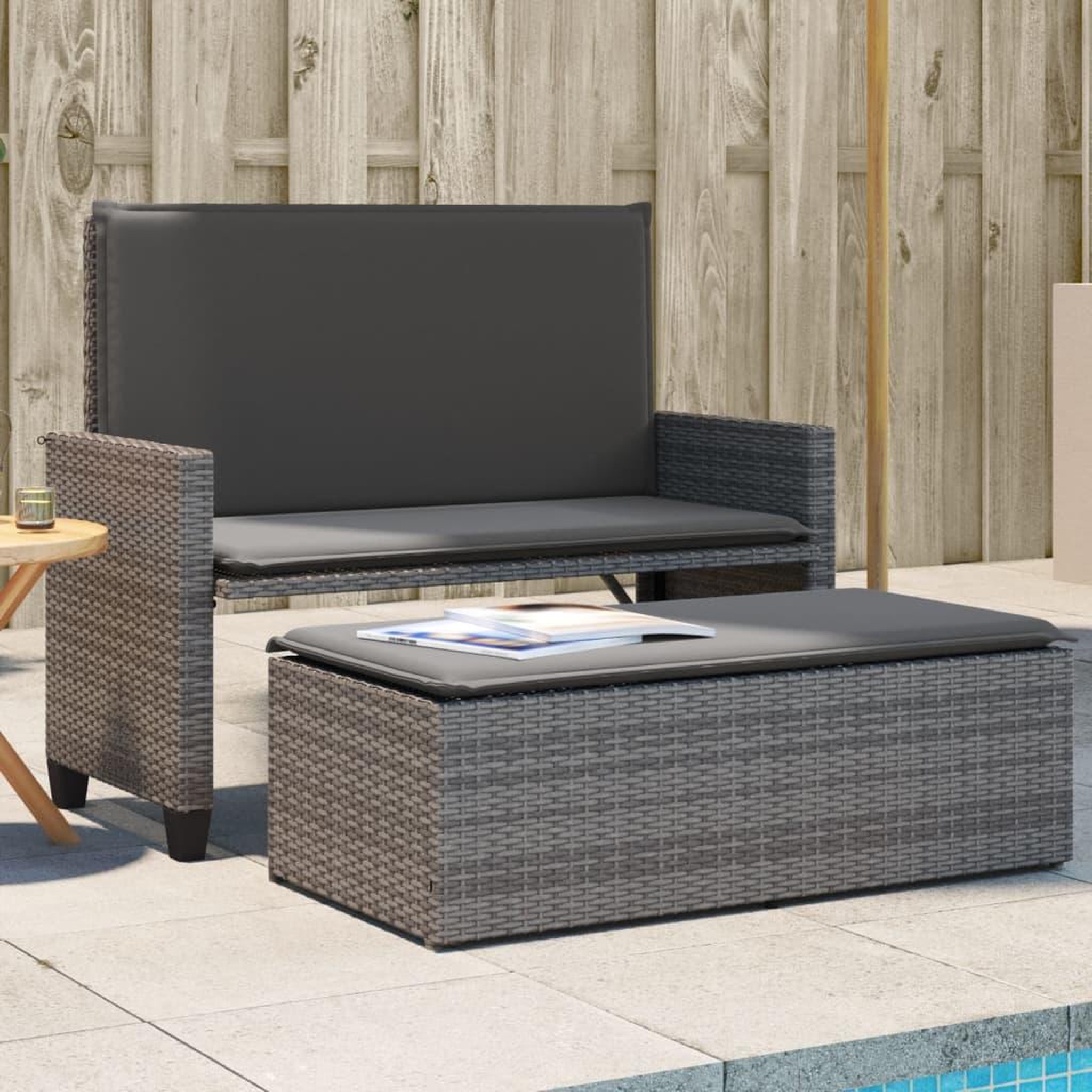 VIDAXL Banc de jardin avec coussins et repose-pied gris resine tressee