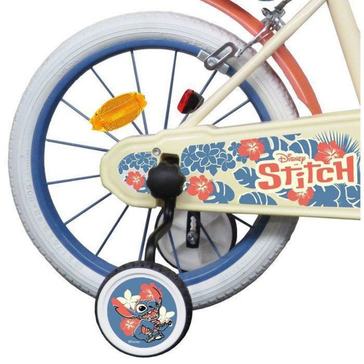 DISNEY Vélo enfant - Modèle 16'' STITCH / DISNEY (Taille de l'enfant 100 cm à 125 cm) équipé de 2 freins, panier, porte poupée et stabilisateurs.