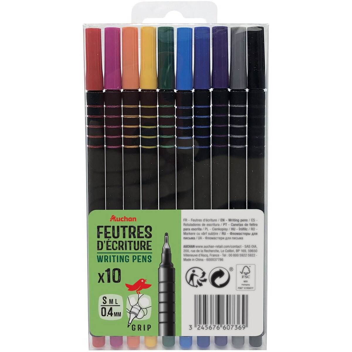 AUCHAN Lot de 10 stylos feutres d'écriture pointe fine 0.4mm coloris assortis