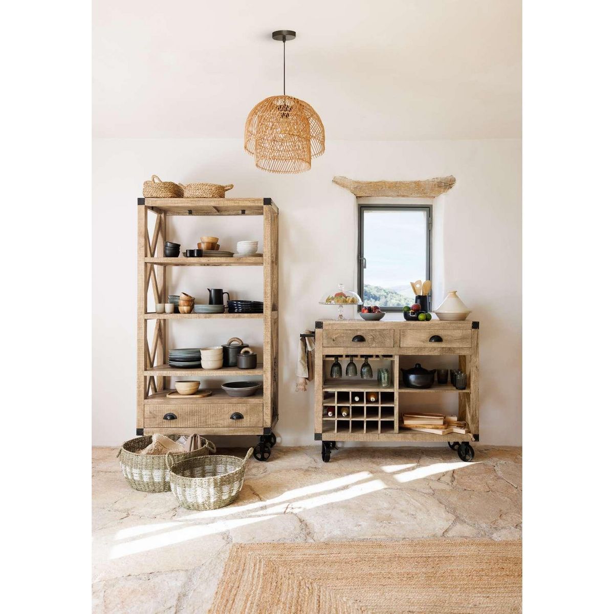 ATMOSPHERA Bibliothèque 1 tiroir en bois SILAS - Beige