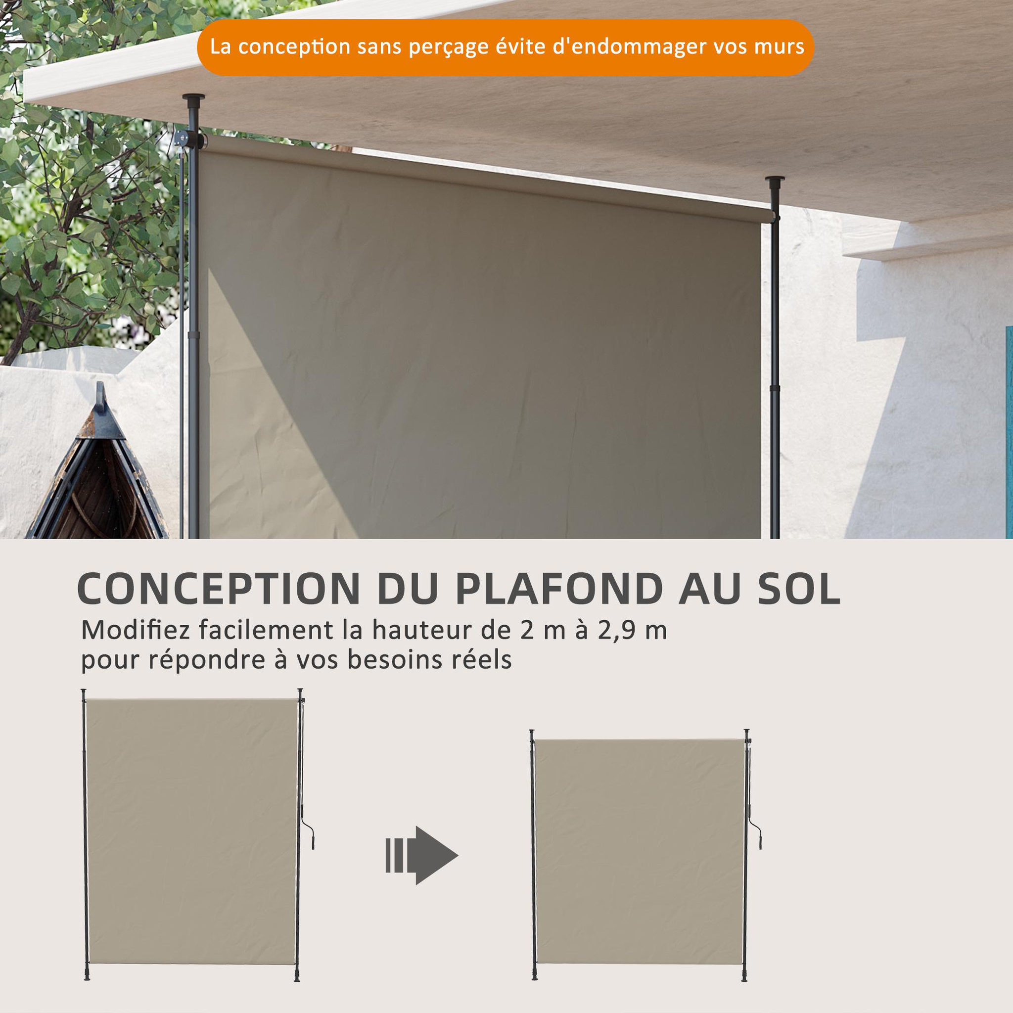 Voir la diapositive 5 : OUTSUNNY Store vertical réglable avec manivelle - brise-vue - installation sans perçage - alu métal grège