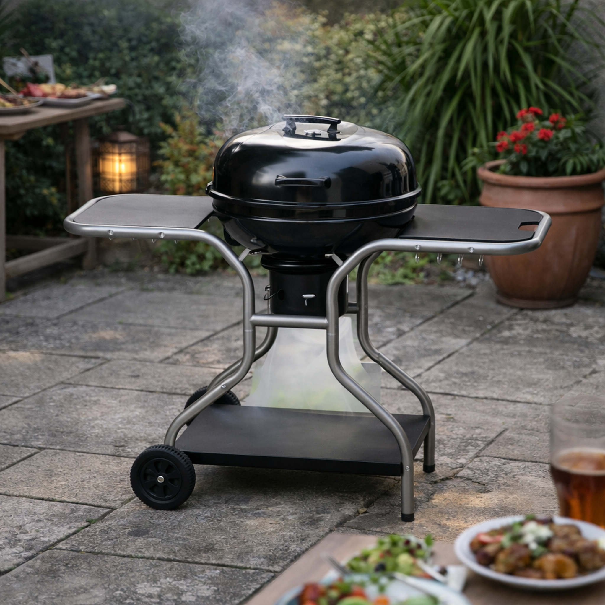 Voir la diapositive 2 : CONCEPT USINE Barbecue bois ou charbon avec couvercle et 3 servantes AUSTIN