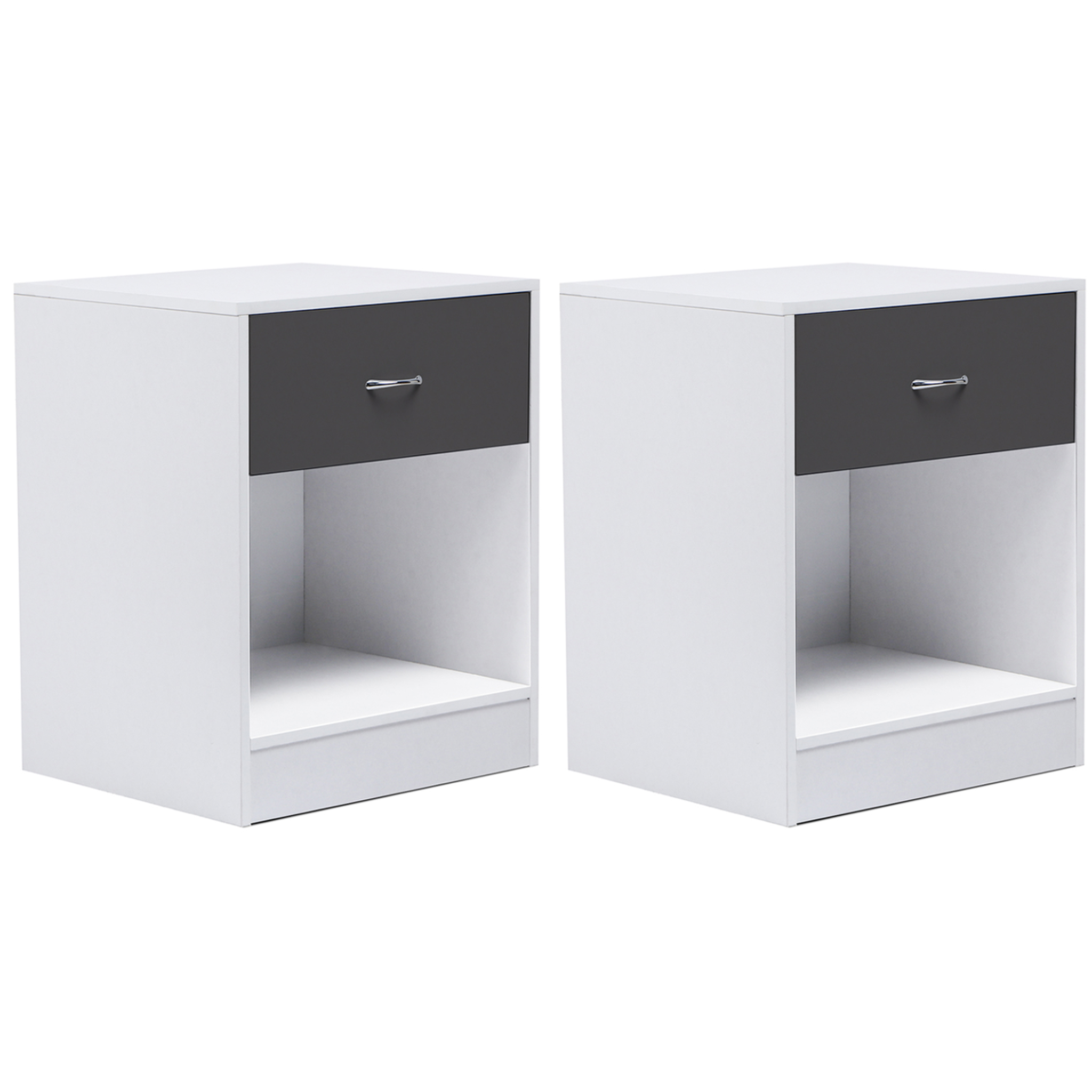 ID MARKET Lot de 2 tables de chevet olga 1 tiroir avec niche bois blanc et tiroir gris