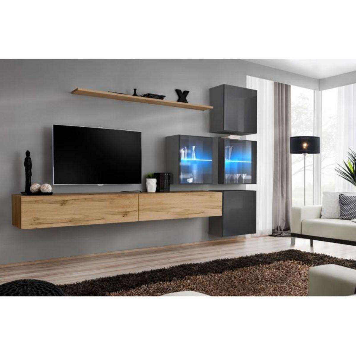 Paris Prix Meuble TV Mural Design  Switch XIX  310cm Naturel & Gris