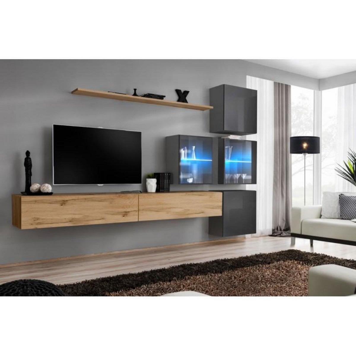 Paris Prix Meuble TV Mural Design  Switch XIX  310cm Naturel & Gris