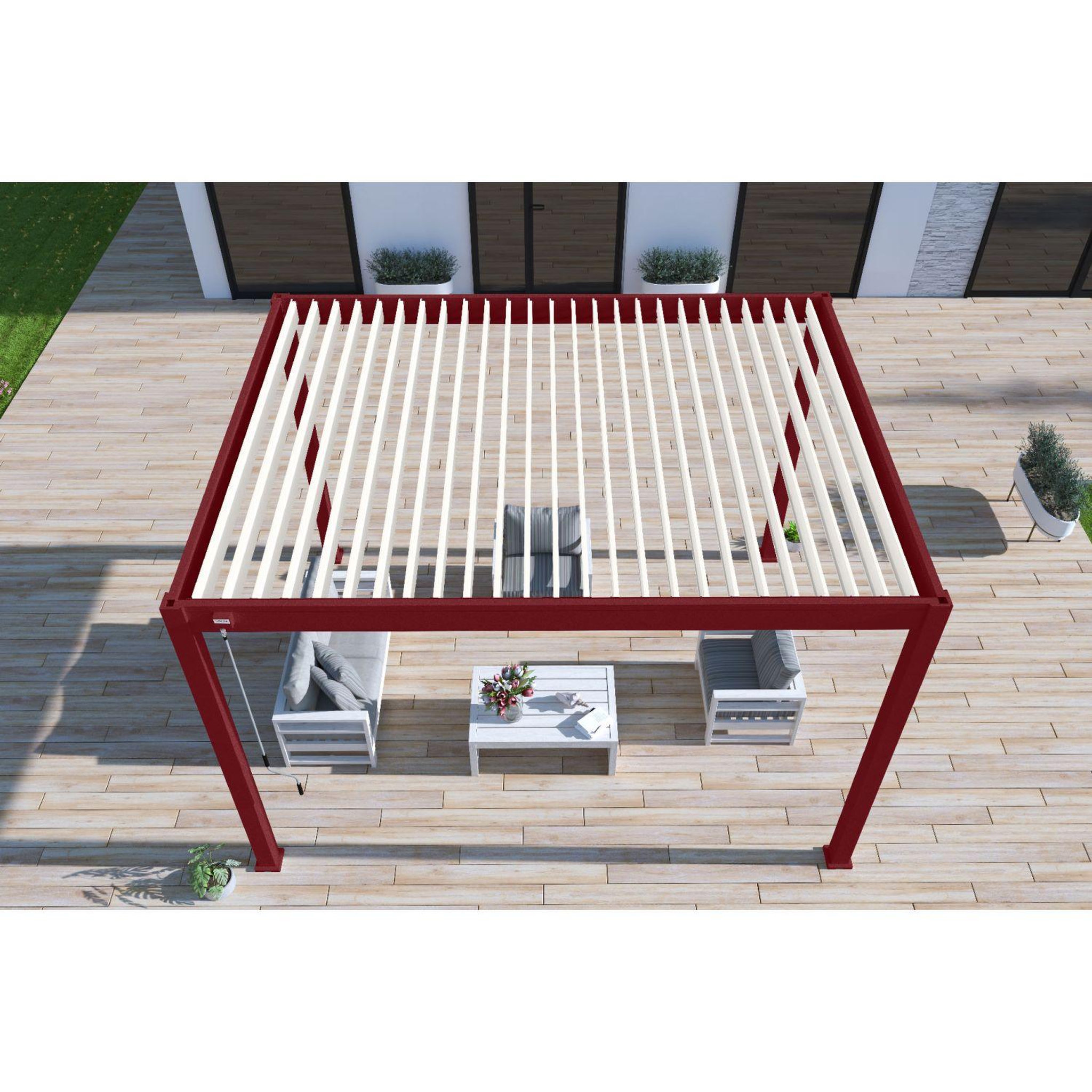 Voir la diapositive 7 : Pergola Bioclimatique autoportée 3x4 m - Aluminium - Rouge basque/blanc -  VS OmBREA®