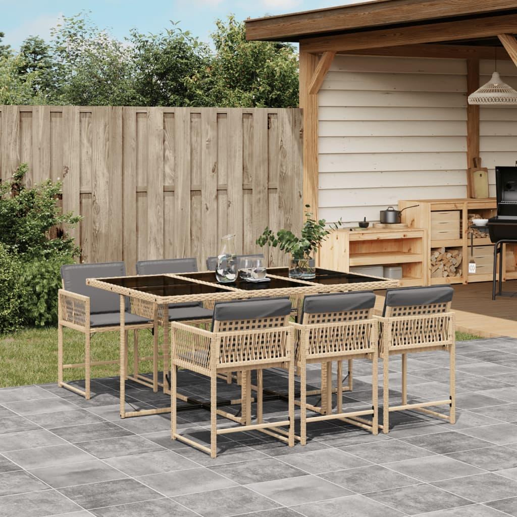 VIDAXL Ensemble a manger de jardin coussins 7 pcs melange beige rotin