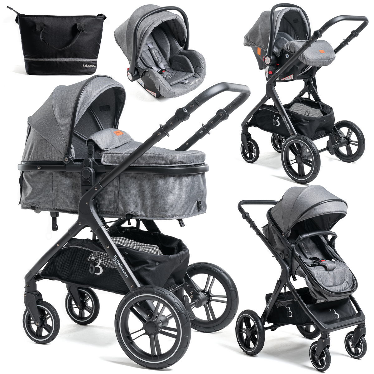 BEBELISSIMO BEBELISSIMO - Poussette combinée trio 3 en 1 - siège auto 0m –  nacelle – jusqu'à 22kg - gris - Premium