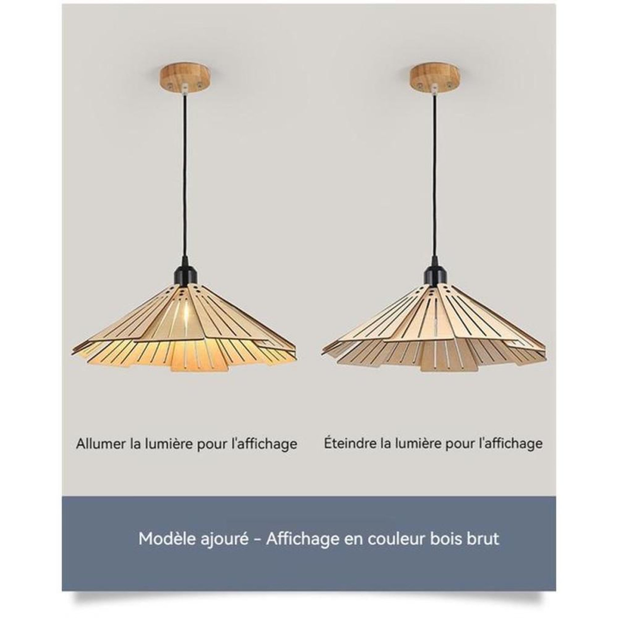 Voir la diapositive 5 : Lampe suspension en bois scandinave Ø35 cm abat-jour ajouré style dôme, métal noir, douille E27 12 W ampoule tricolore incluse
